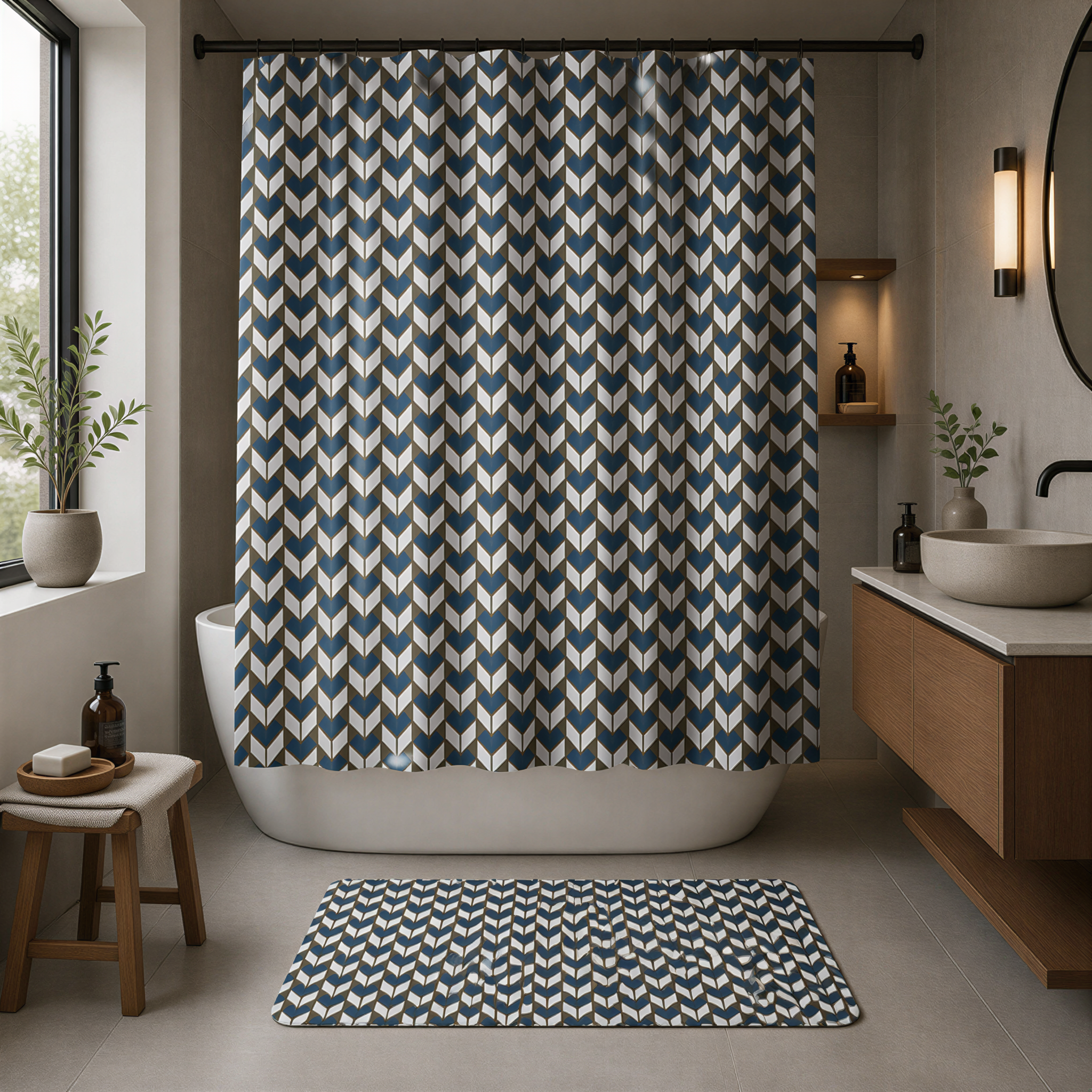 a modern bathroom with a white bathtub, a sink, and a shower curtain with a geometric pattern in shades of blue and white. The bathroom also features a rug and a small table with a plant.