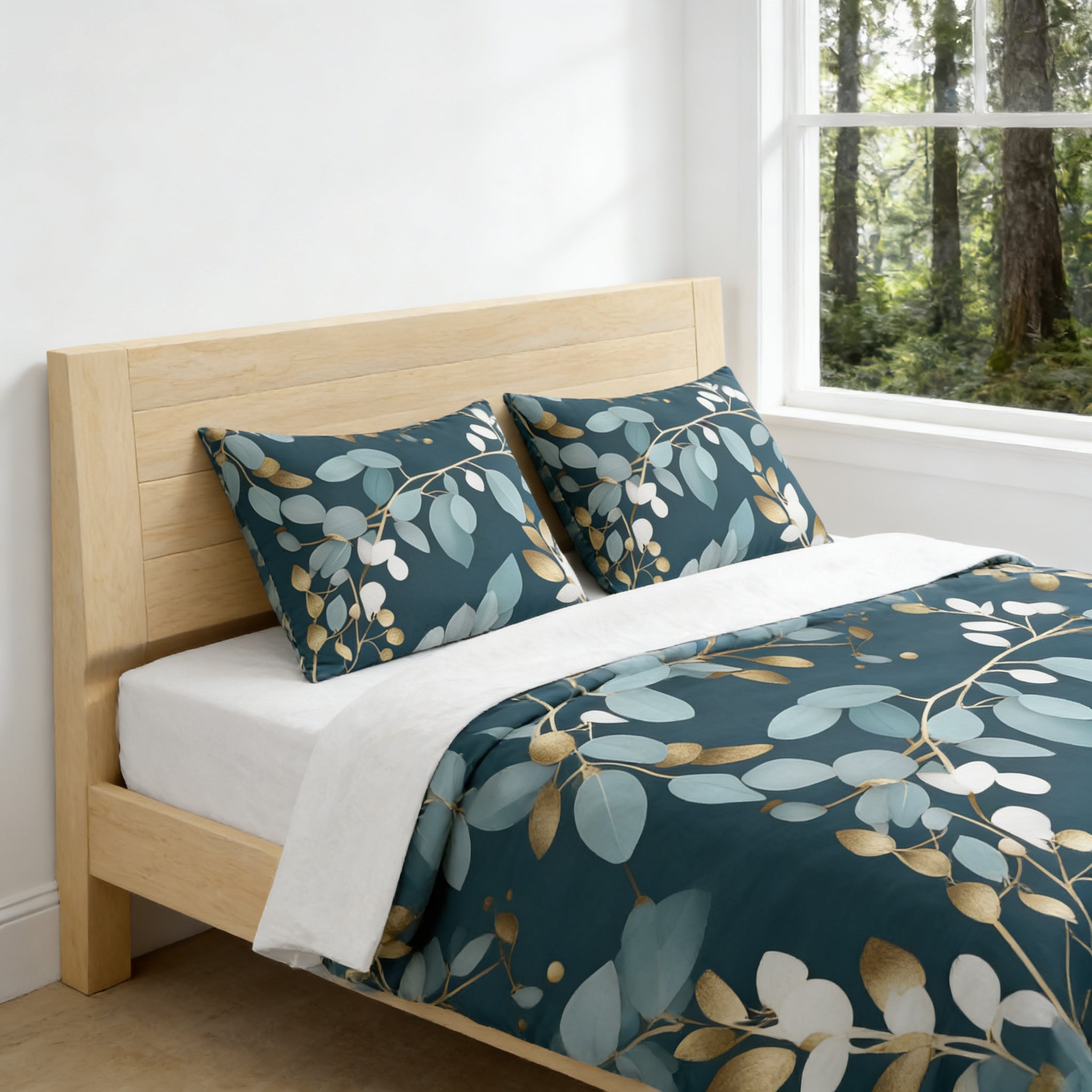 a bedroom with a wooden headboard and a bed covered in a blue and gold leaf-patterned comforter. The bed is positioned against a wall with a window that offers a view of trees outside.