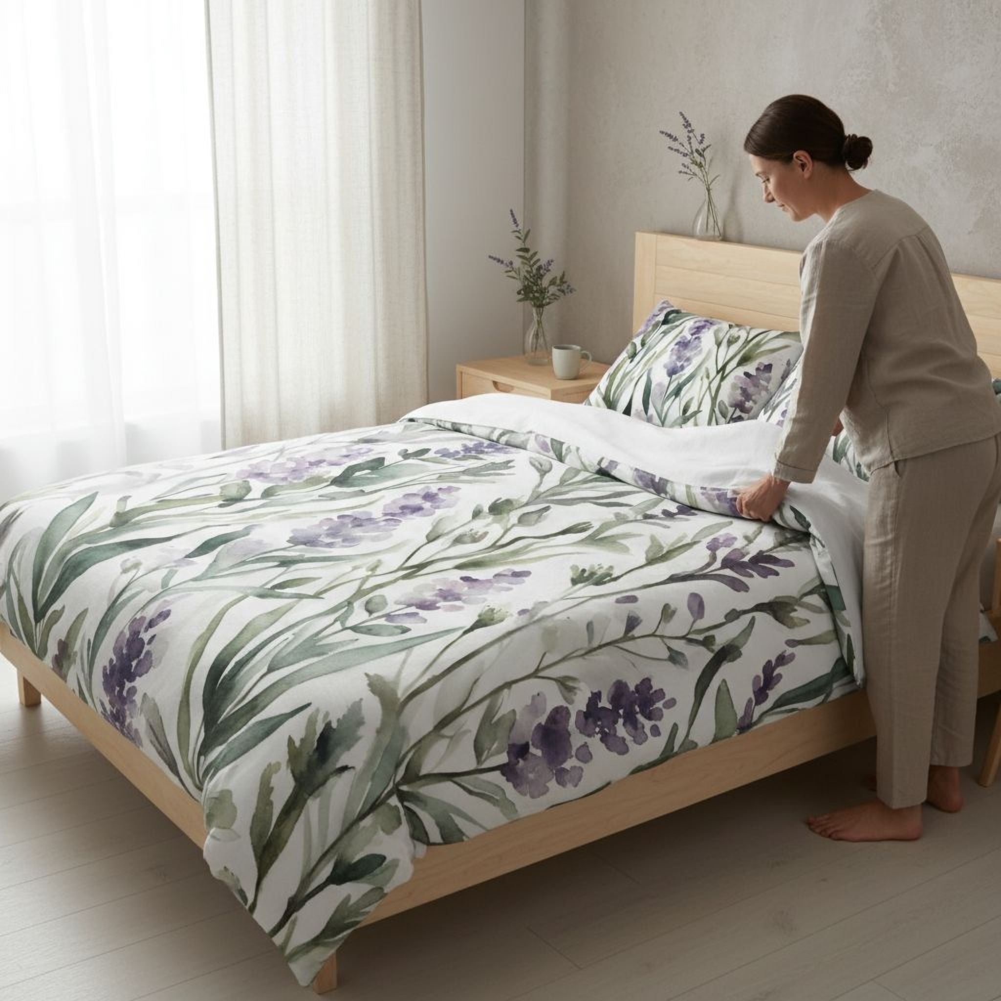 A woman is arranging the bed with a floral print comforter and pillows in a bedroom.