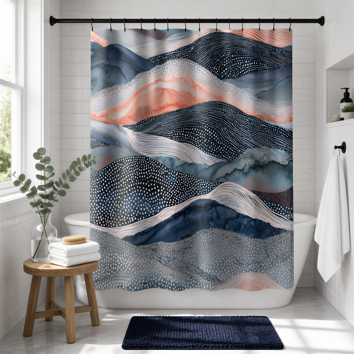 a bathroom with a large, colorful abstract patterned shower curtain hanging above a white bathtub. The shower curtain has a mix of blue, orange, and white colors, creating a vibrant and dynamic design. The bathroom also includes a wooden stool, a potted plant, and a towel rack, contributing to the overall aesthetic of the space.