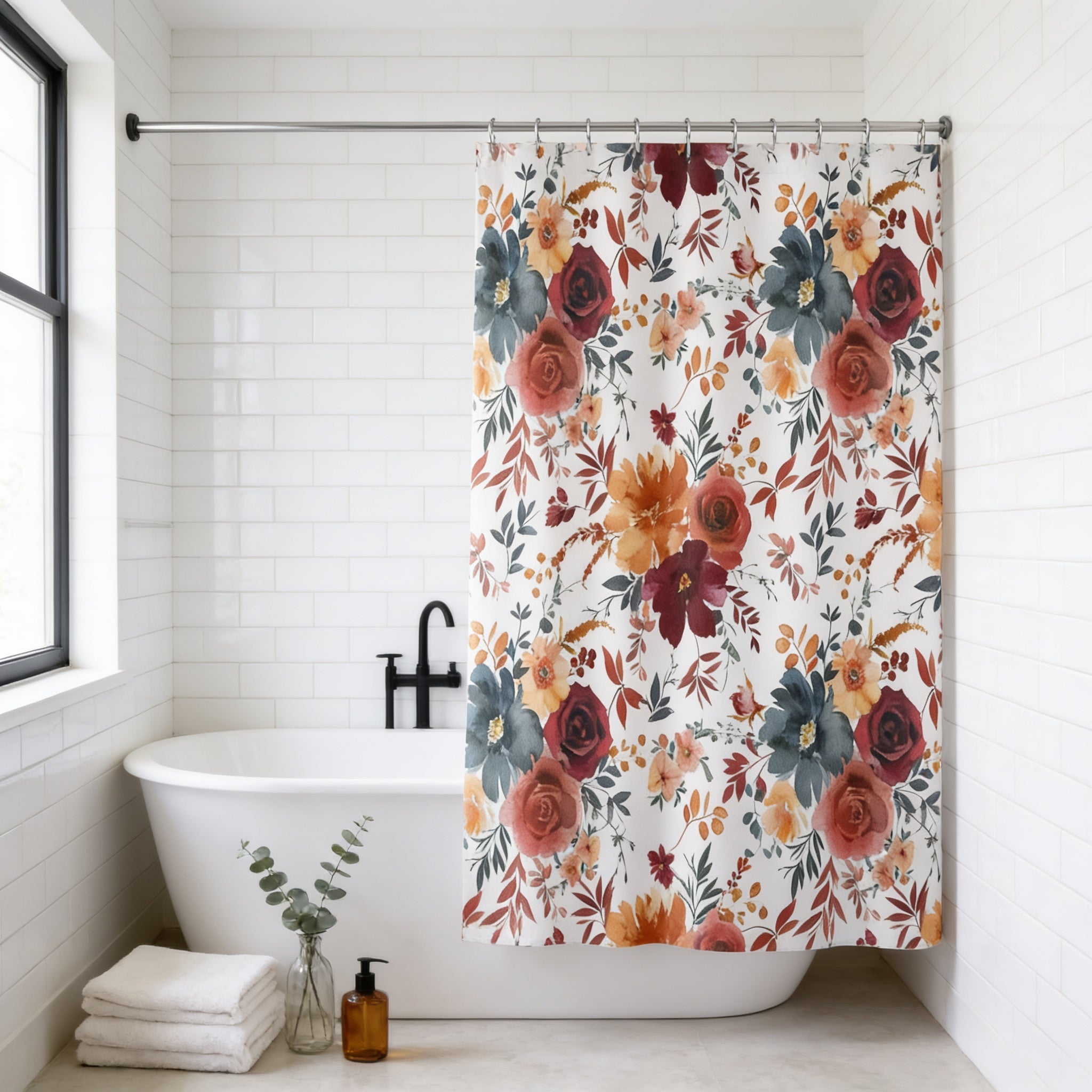 a bathroom with a white bathtub, a floral shower curtain, and a window. There are also some decorative elements in the room, such as a vase with greenery and a bottle.
