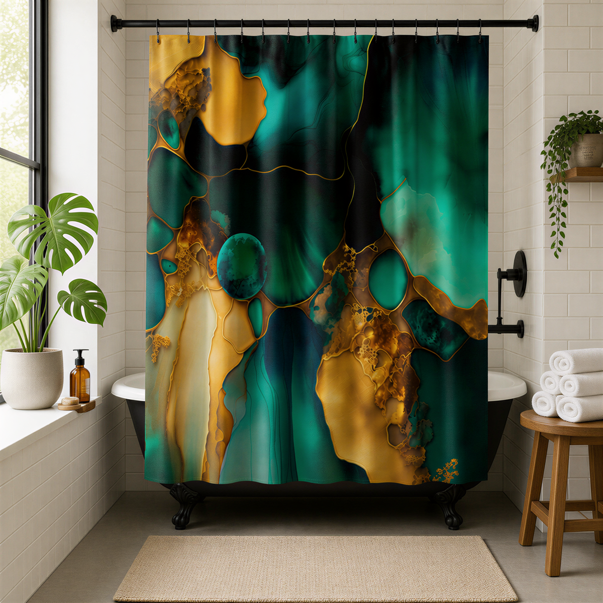 a bathroom with a large, colorful abstract pattern on the shower curtain, which appears to be a mix of green, gold, and blue colors. The shower curtain is hanging from a rod, and there are two potted plants in the room, one on the left side and another on the right side. The bathroom also includes a wooden stool and a small table with a bottle on it.
