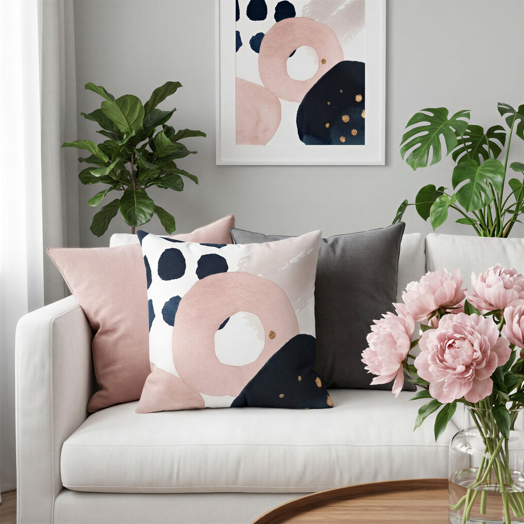 a cozy living room with a white sofa adorned with colorful throw pillows, a framed abstract painting on the wall, and a vase of pink flowers on a wooden coffee table.