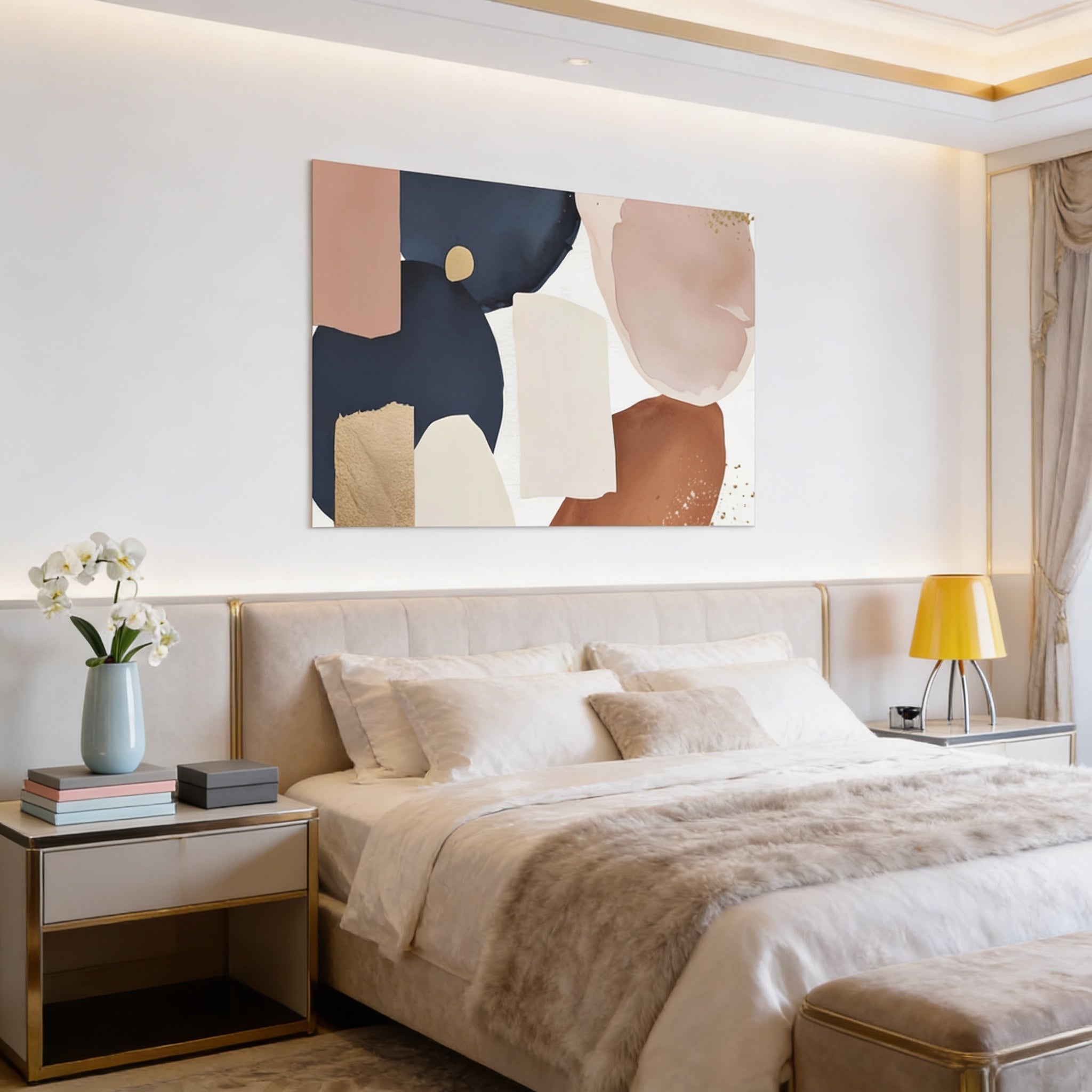 a well-decorated bedroom with a large bed, a nightstand, and a painting on the wall.