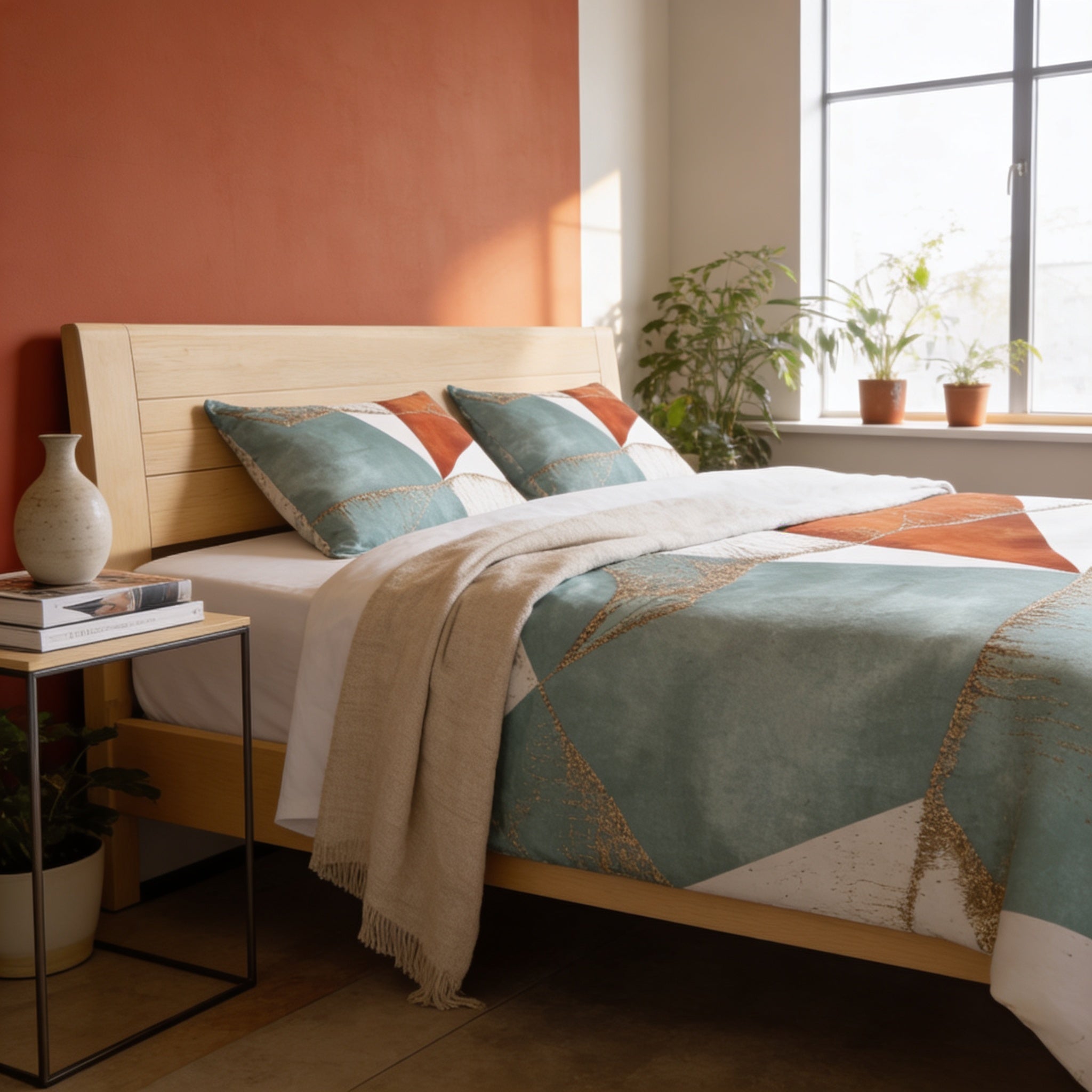 a cozy bedroom with a wooden bed frame, a colorful geometric comforter, and a wooden nightstand with a vase and books. The room has a warm, inviting atmosphere with a large window providing natural light and a view of the outdoors.