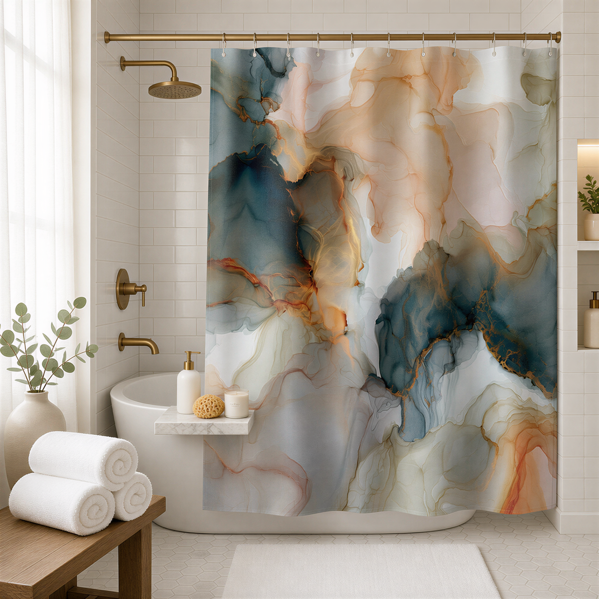 a modern bathroom with a large abstract shower curtain featuring a colorful marble-like pattern in shades of blue, orange, and gray. The bathroom is well-decorated with a wooden table, a potted plant, and a vase of flowers, creating a serene and stylish atmosphere.