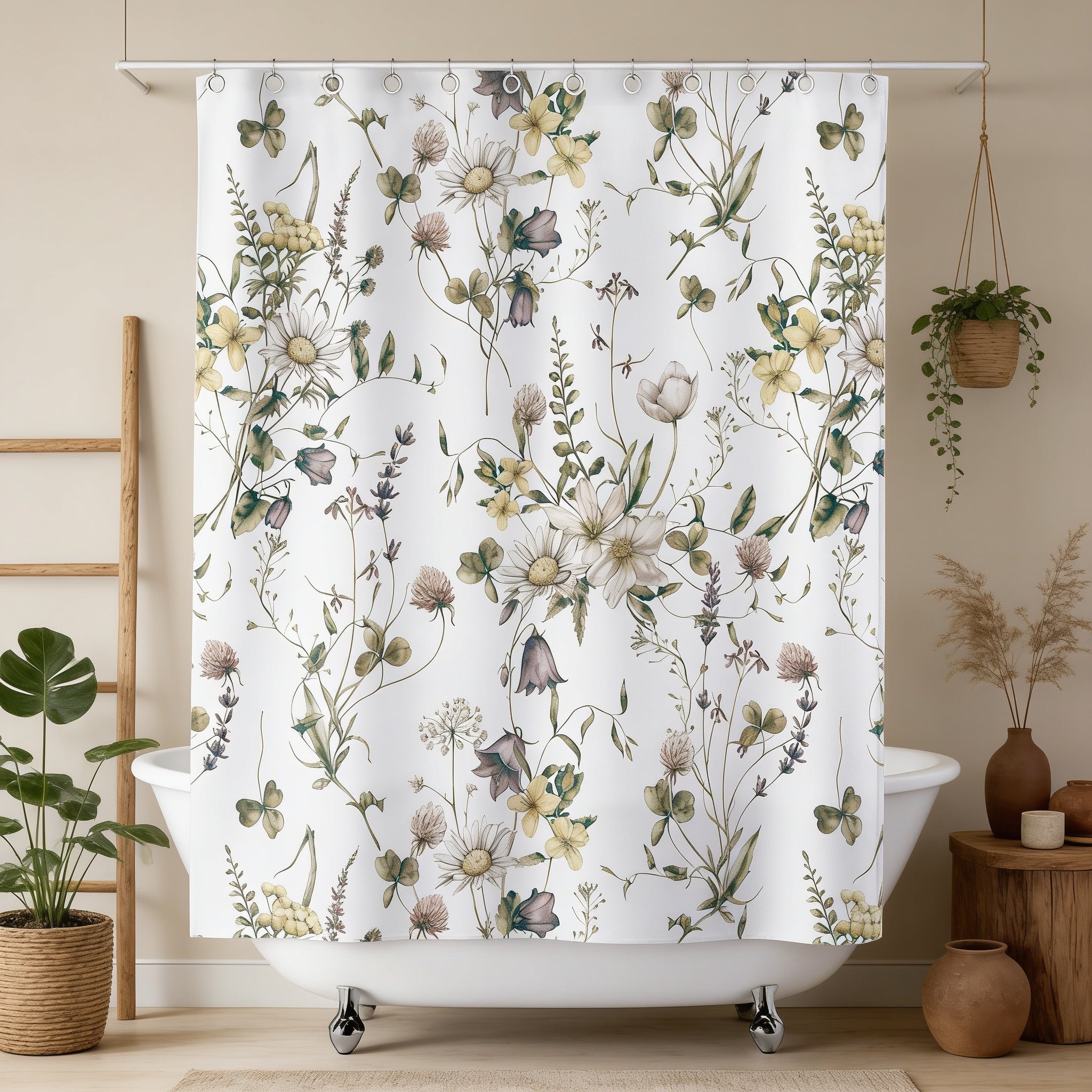 a bathroom with a white bathtub, a shower curtain with a floral print, and various decorative elements such as potted plants and vases.