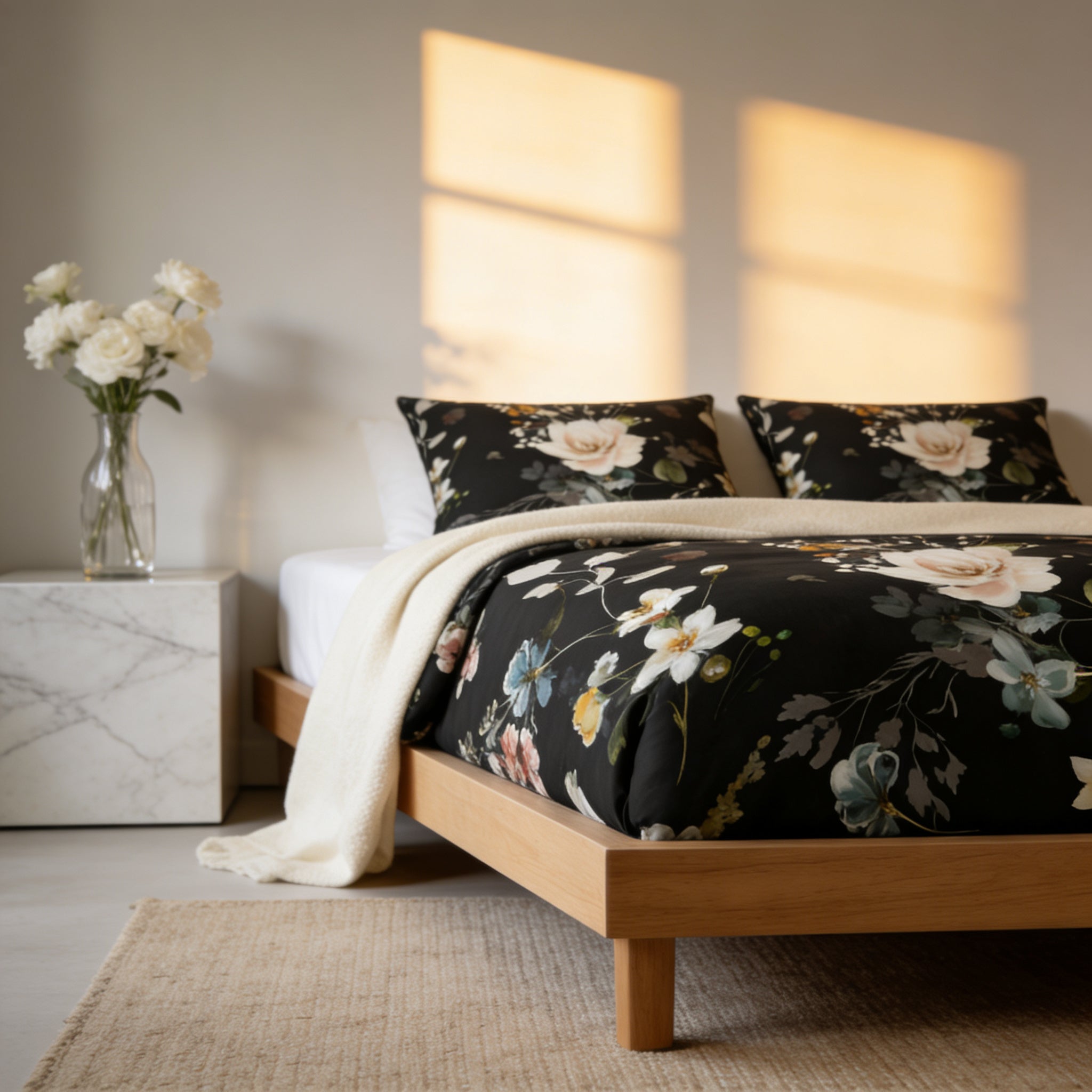 a bedroom with a floral bedspread, a white throw blanket, and a vase of white flowers on a nightstand. The room has a minimalist and modern design, with a wooden bed frame and a beige rug on the floor.
