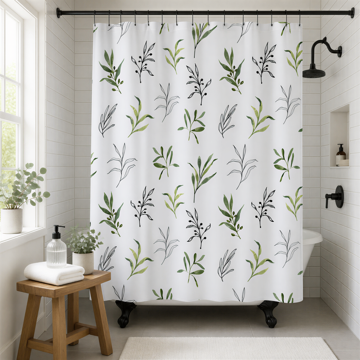a bathroom with a shower curtain adorned with a repeating pattern of green leaves and black branches. The shower curtain is hanging from a rod, and there is a wooden stool and a small table nearby. The bathroom also includes a window and a sink.