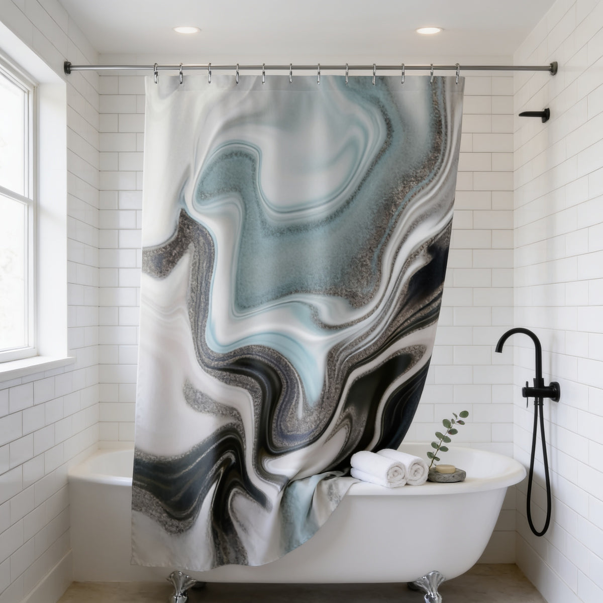 a bathroom with a white bathtub, a marble-style shower curtain with a swirling pattern in shades of blue and gray, and a black faucet.