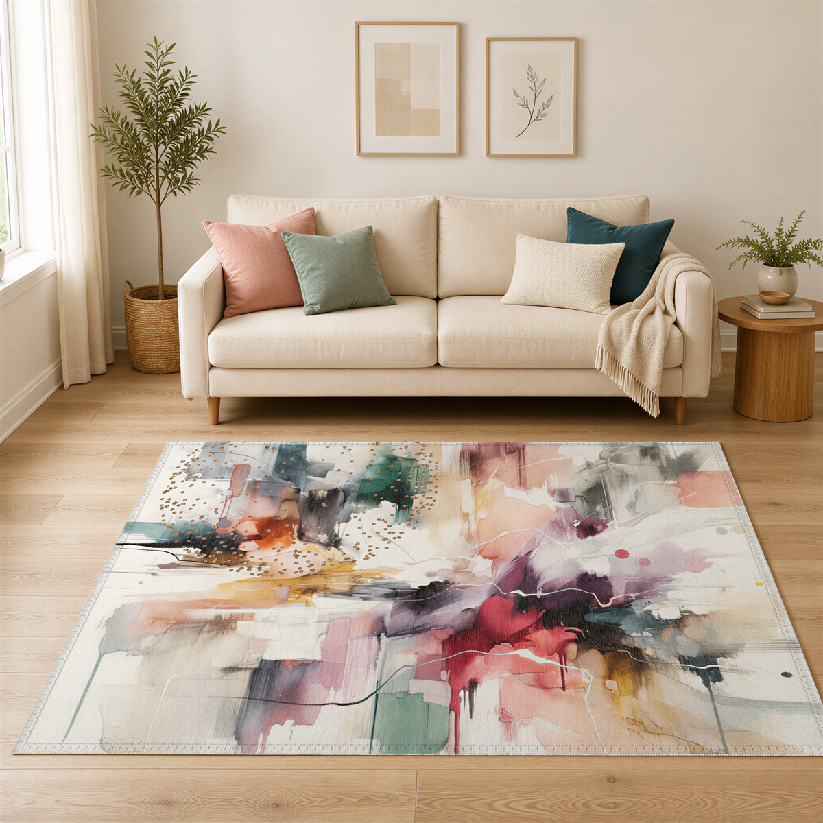 a cozy living room with a beige sofa, a colorful abstract rug, and a potted plant. The room has a warm and inviting atmosphere, with natural light coming in from a window.