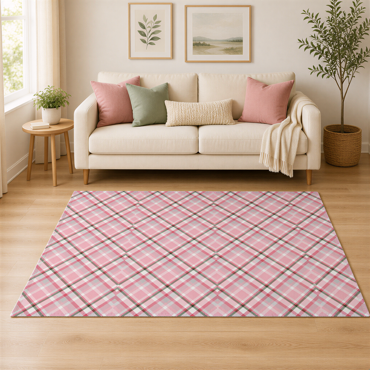 A cozy living room with a white sofa, a pink and white plaid area rug, and framed artwork on the walls.