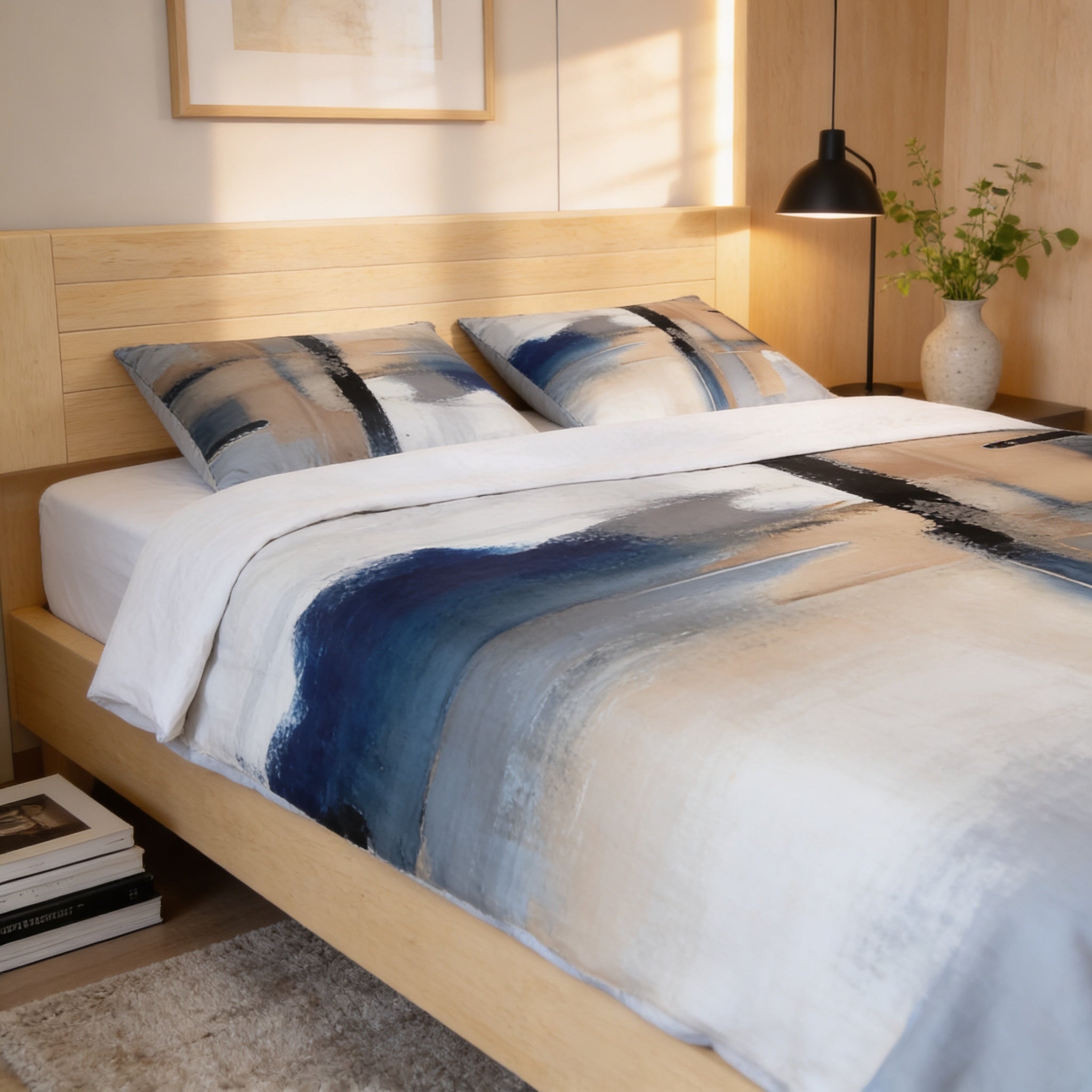 a modern bedroom with a wooden bed frame, a white and blue abstract-patterned comforter, and a nightstand with a lamp.