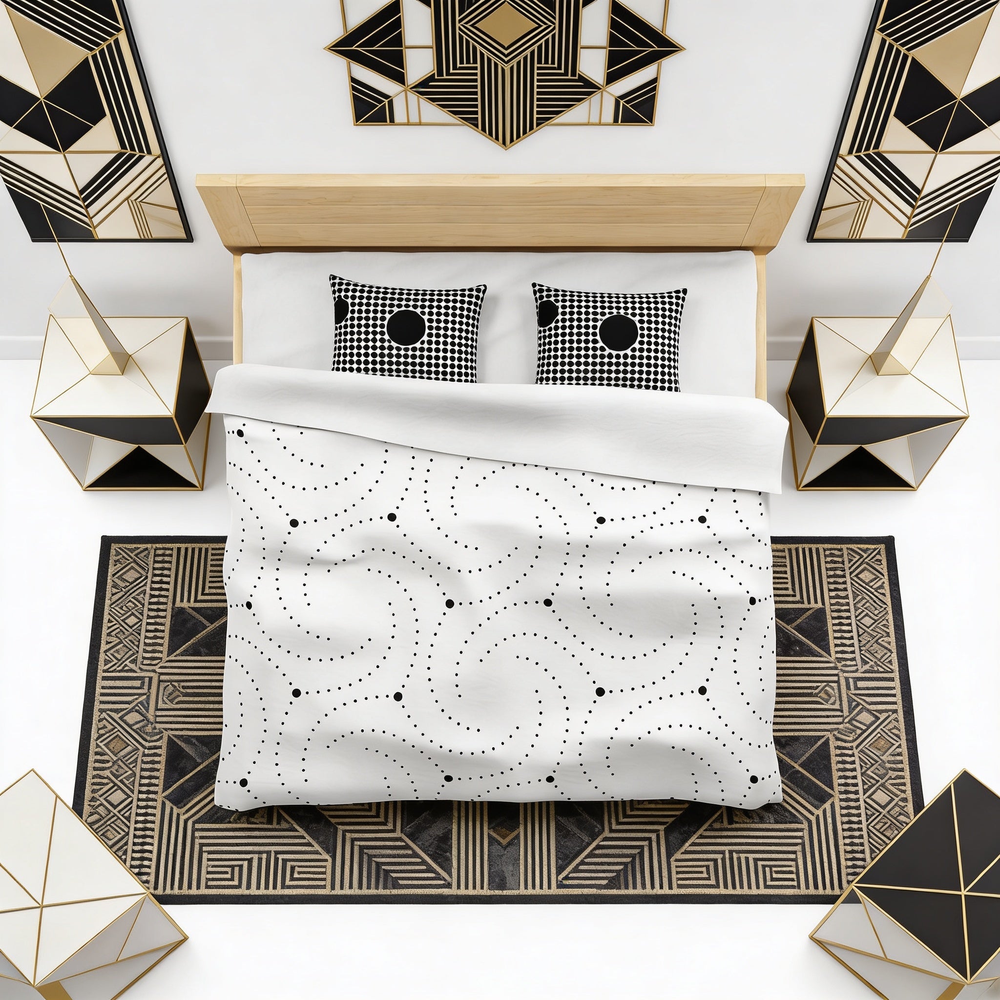 a modern bedroom with a large bed, a geometric rug, and a geometric wall art display.