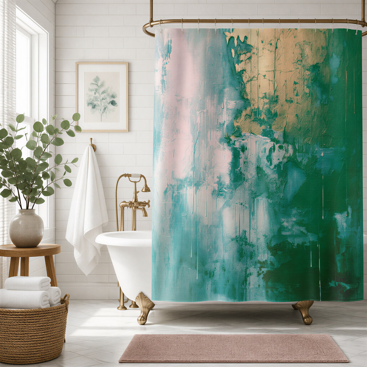 a bathroom with a white clawfoot bathtub, a large abstract green and pink shower curtain, a wooden side table with a vase of greenery, and a gold-framed picture on the wall.