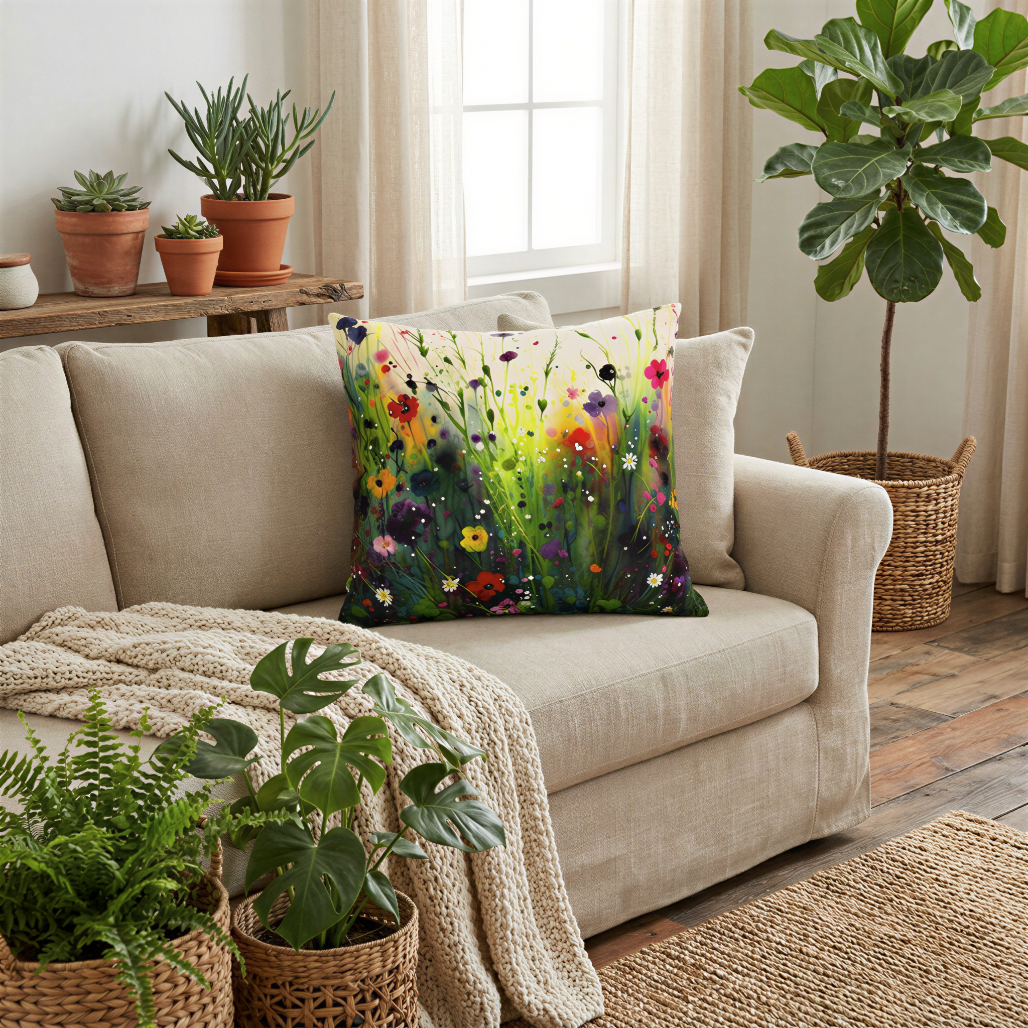 a cozy living room with a beige sofa adorned with a colorful throw pillow featuring a vibrant floral design. The room is decorated with several potted plants, including a large fern, a succulent, and a fiddle-leaf fig tree, creating a lush and inviting atmosphere.
