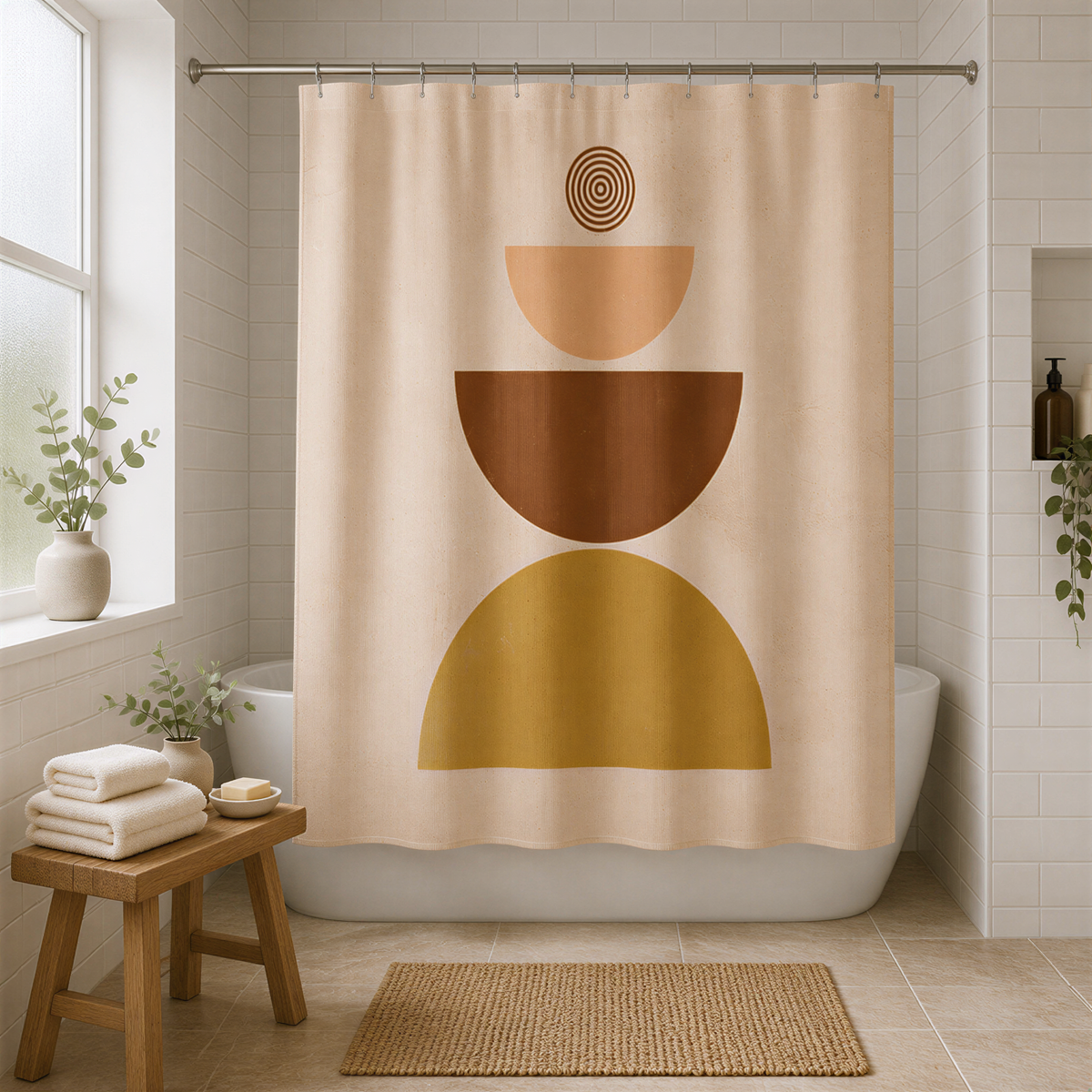 a bathroom with a shower curtain featuring a geometric design in shades of brown and yellow. The shower curtain is hanging from a rod above a white bathtub. The bathroom also includes a wooden bench, a rug, and some potted plants, creating a cozy and inviting atmosphere.