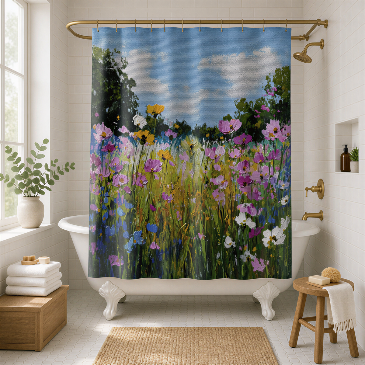 a bathroom with a white bathtub, a shower curtain featuring a colorful floral design, and a wooden stool.