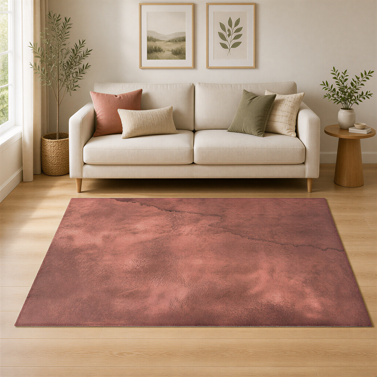 a cozy living room with a beige sofa, a red rug, and two framed pictures on the wall.