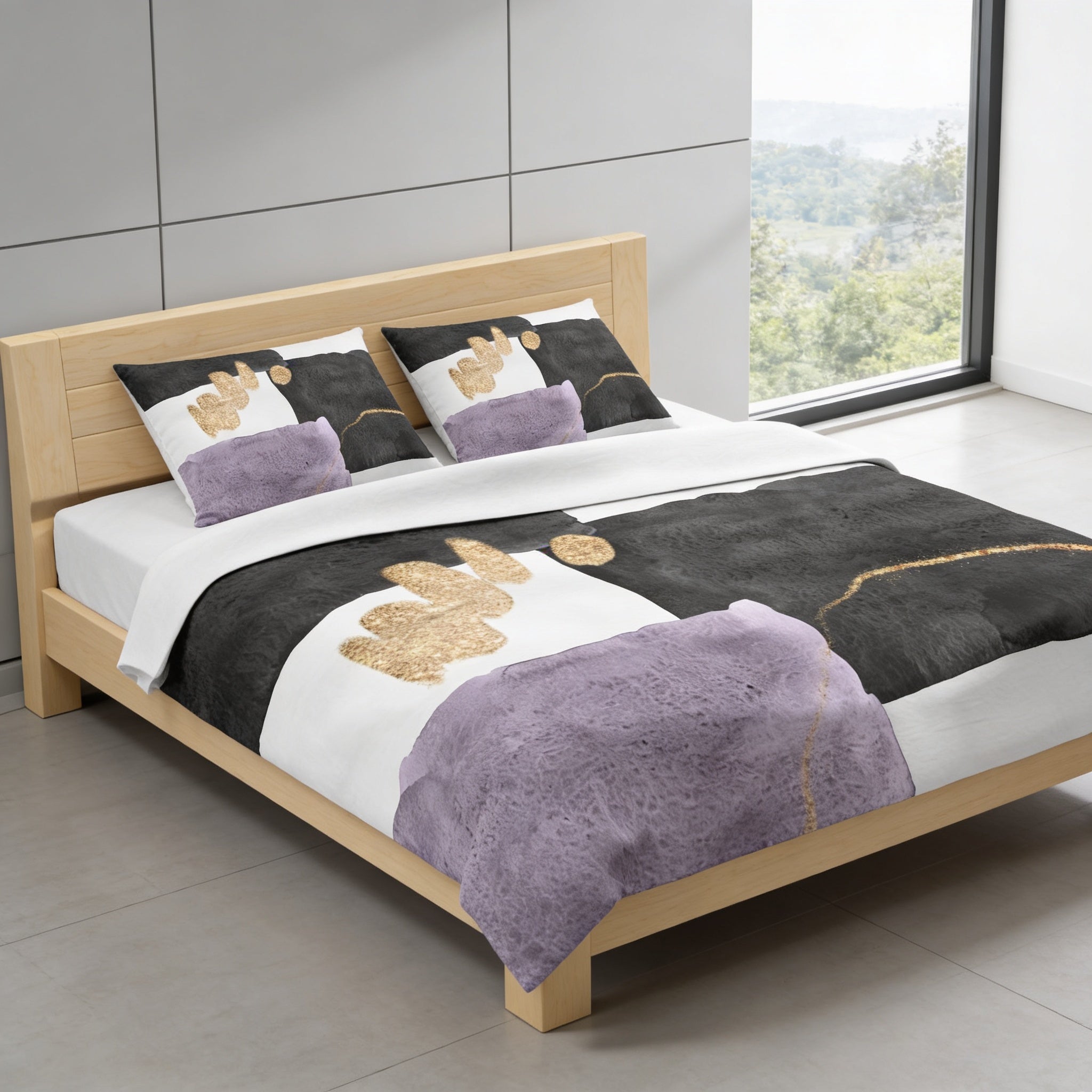 a modern bedroom with a wooden bed frame and a black and white patterned comforter. The bed is positioned against a wall with a large window, providing a view of the outdoors.