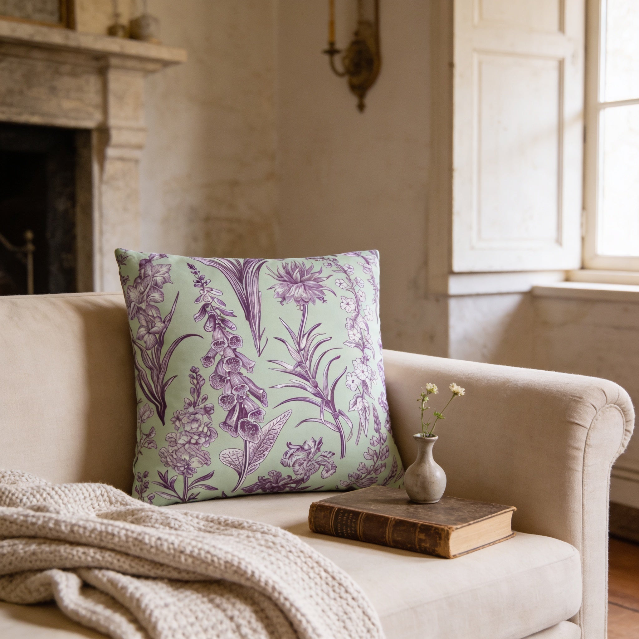 A cozy living room with a beige sofa, a green throw pillow with a floral pattern, and a small vase with white flowers on a wooden side table.