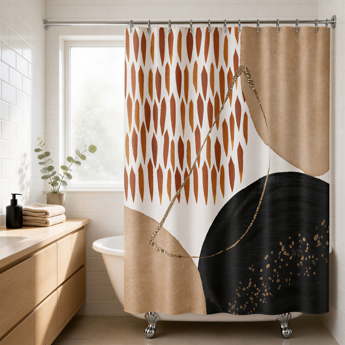 a bathroom with a white bathtub, a window, and a shower curtain featuring a geometric pattern in shades of brown and black.