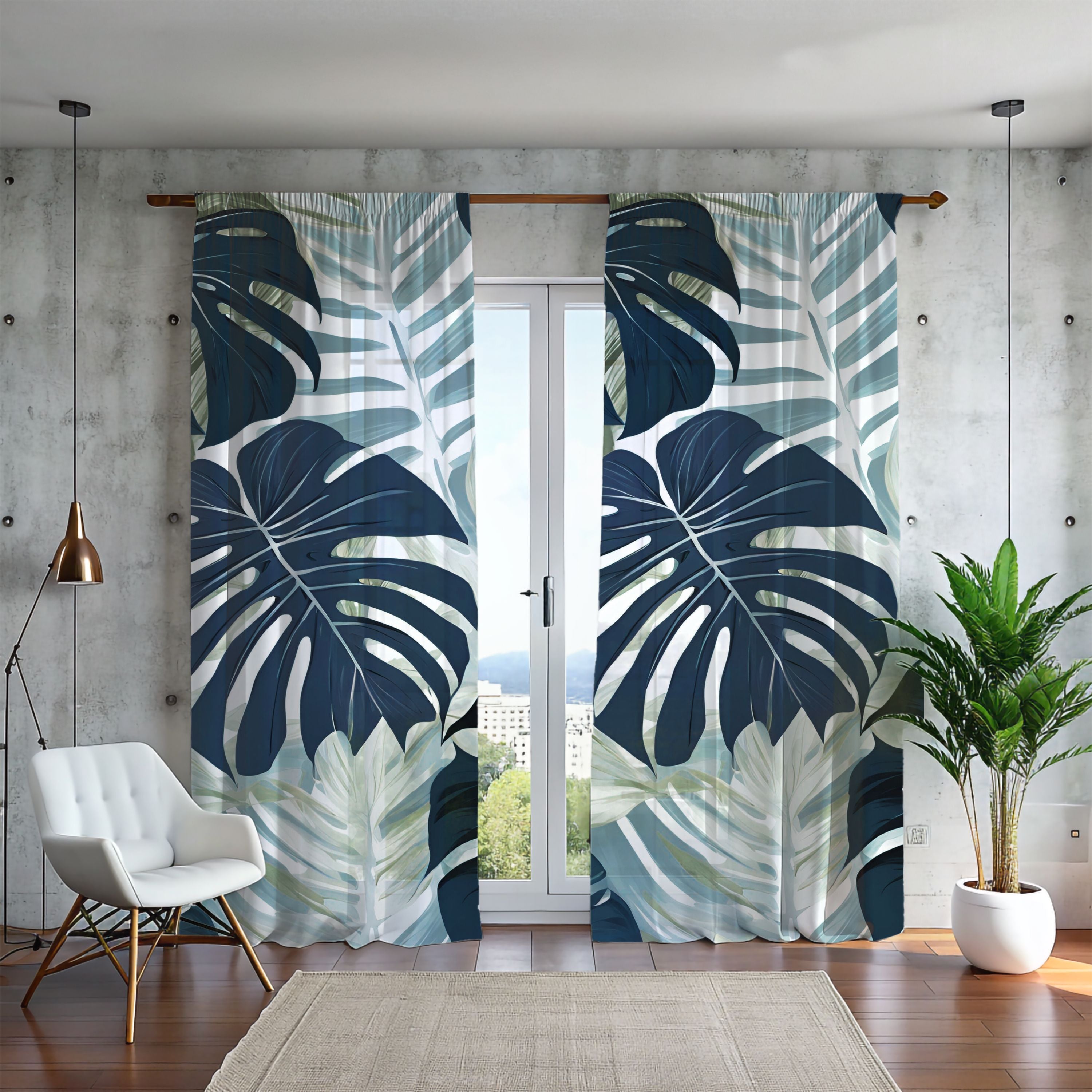 a living room with a large window covered in curtains