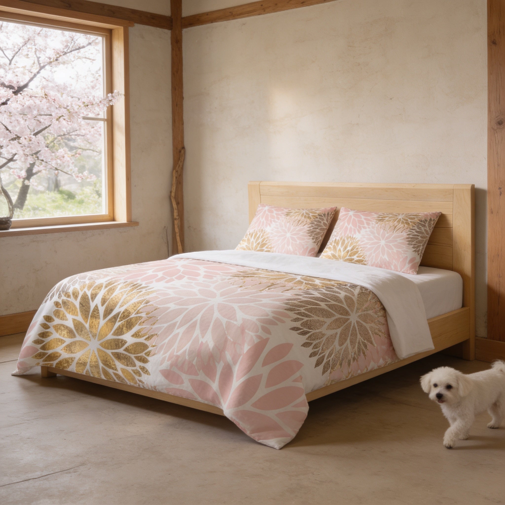 a serene bedroom scene with a bed adorned with a pink and gold floral comforter, a white dog standing on the floor, and a window overlooking a tree with blooming flowers.