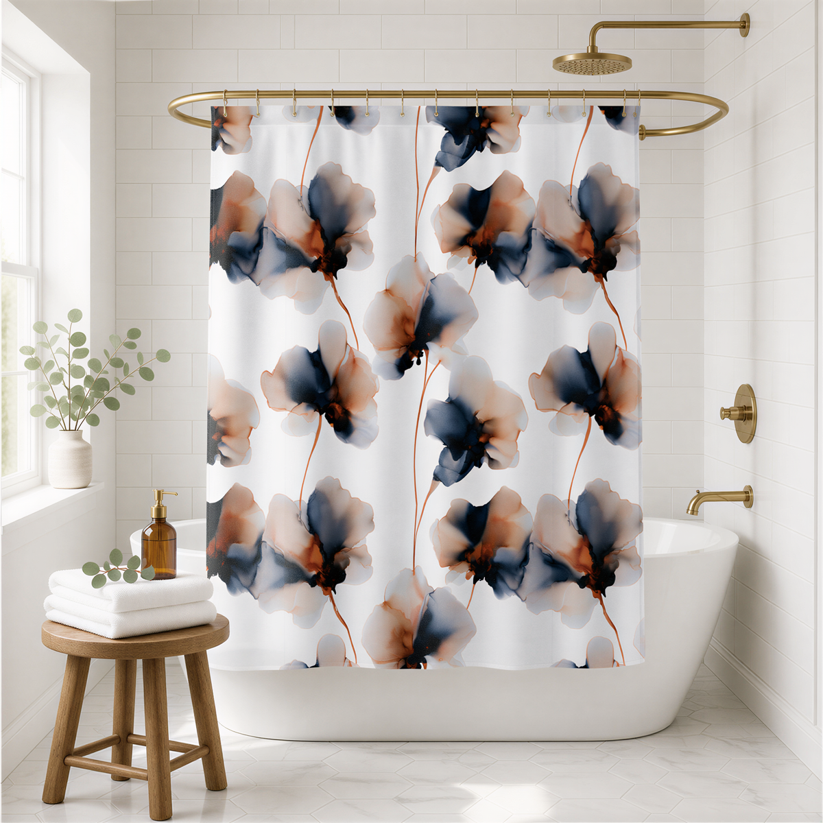 a bathroom with a white bathtub, a shower curtain with a floral pattern, a wooden stool, and a potted plant.