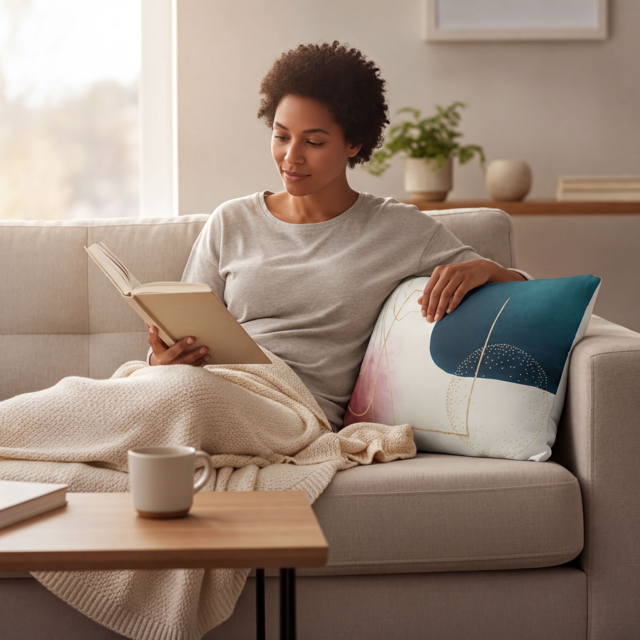 A woman is sitting on a couch, reading a book and holding a mug, with a potted plant and a wooden table in the background.