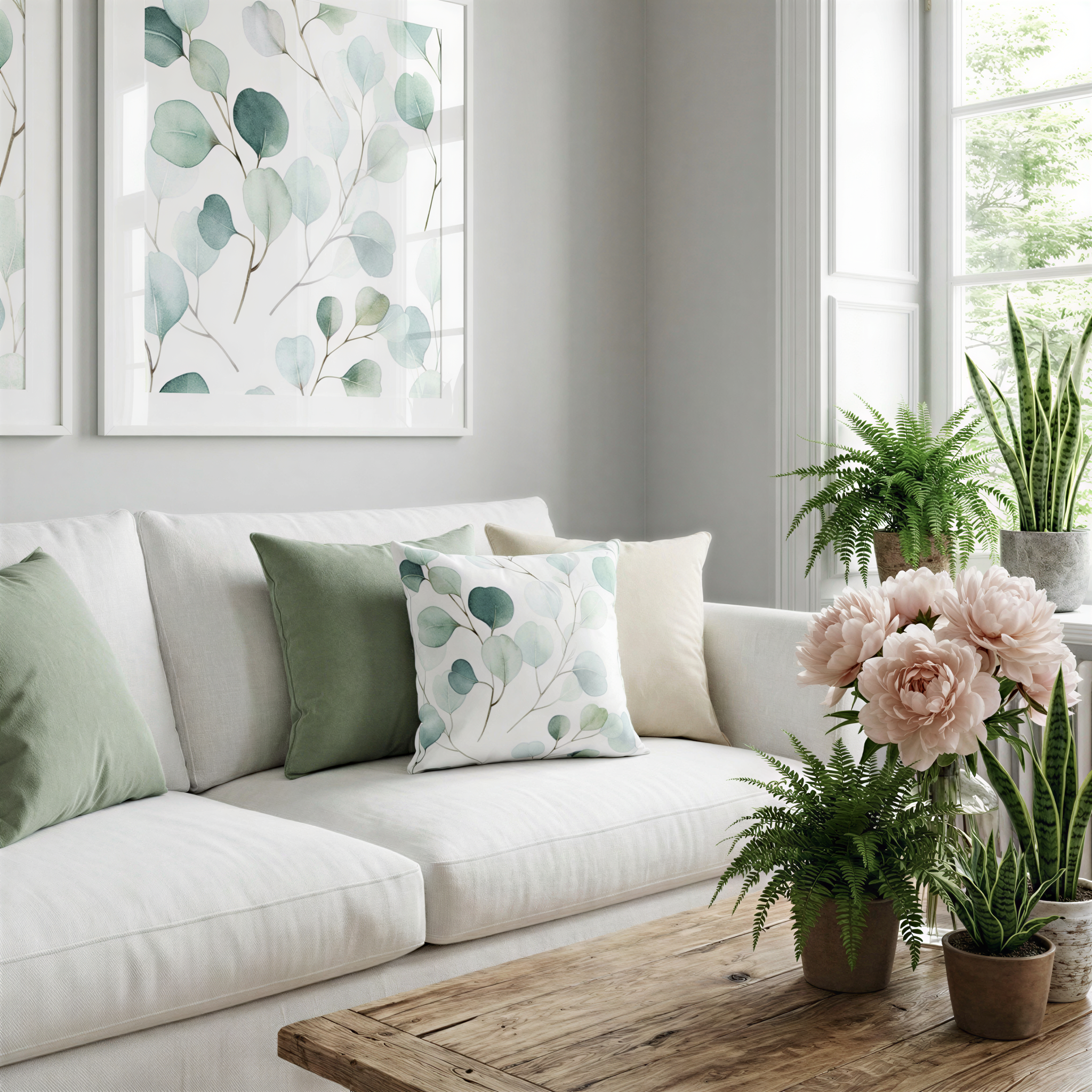 a cozy living room with a white sofa adorned with green and white throw pillows, a wooden coffee table, and two potted plants. The room is illuminated by natural light coming through a window, creating a serene and inviting atmosphere.