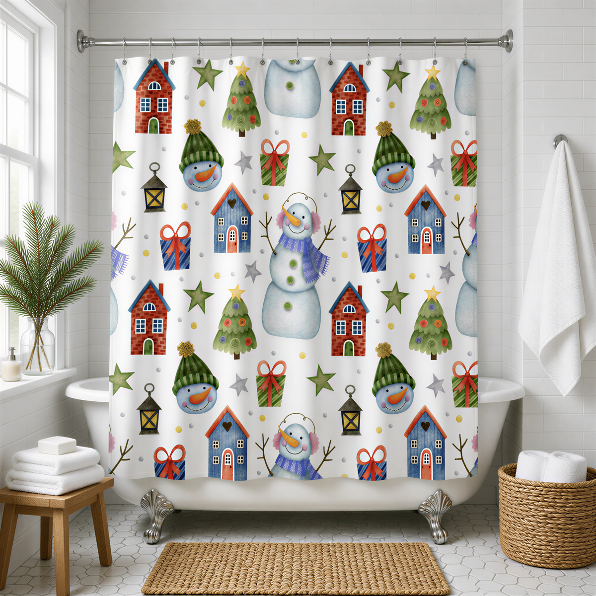 a bathroom with a shower curtain decorated with a winter theme, including snowmen, houses, trees, and stars. The shower curtain is hanging from a rod above a bathtub, which is located in the corner of the room. The bathroom also has a wicker basket and a potted plant, adding to the cozy and festive atmosphere.