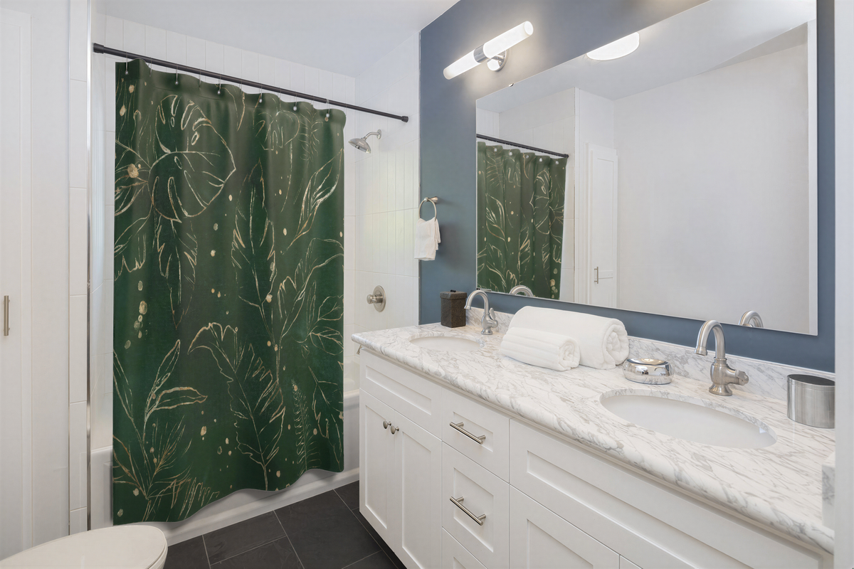 Floral Shower Curtains Green Beige Monstera close-up of fabric pattern