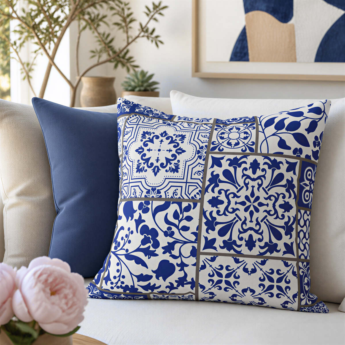a cozy living room with a white sofa adorned with blue and white patterned throw pillows. A vase of flowers and a potted plant are also present in the room, adding a touch of nature and color to the space.