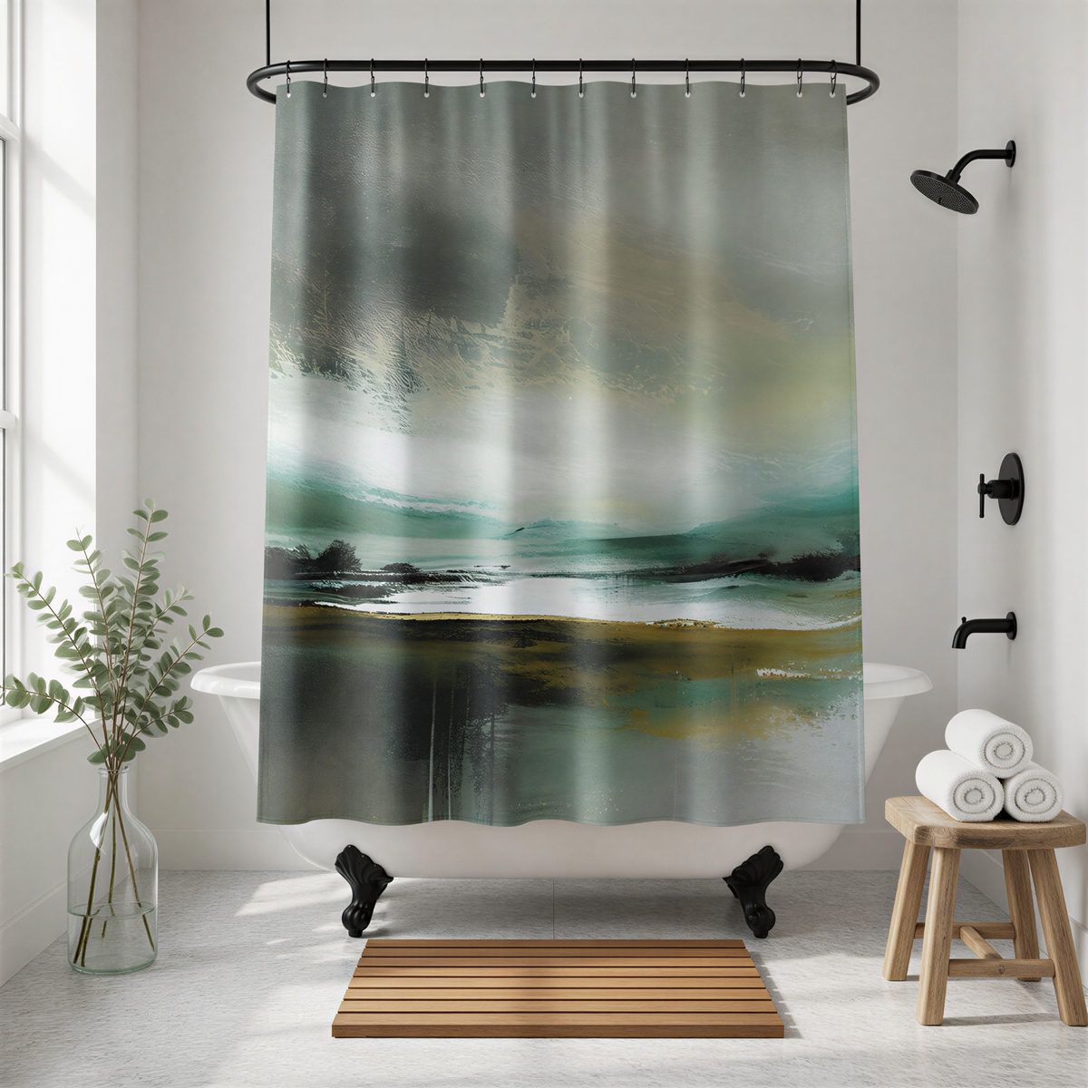 a bathroom with a white bathtub, a wooden stool, and a shower curtain with a landscape painting.