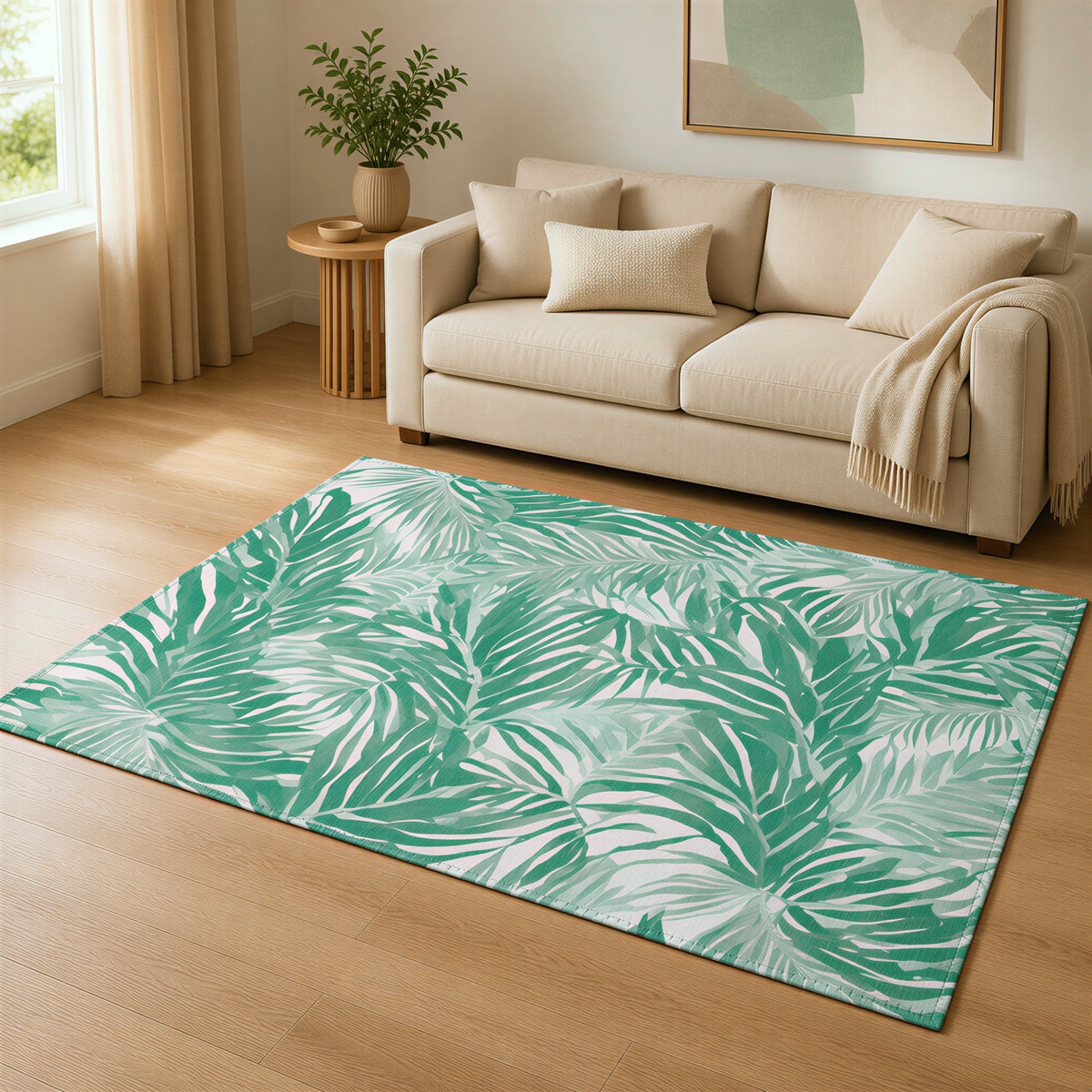 a living room with a beige sofa, a green and white patterned area rug, and a potted plant on a side table.