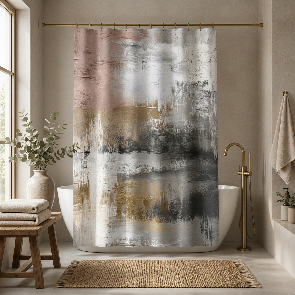 a bathroom with a large abstract painting hanging above a bathtub, a wooden bench, and a rug on the floor.