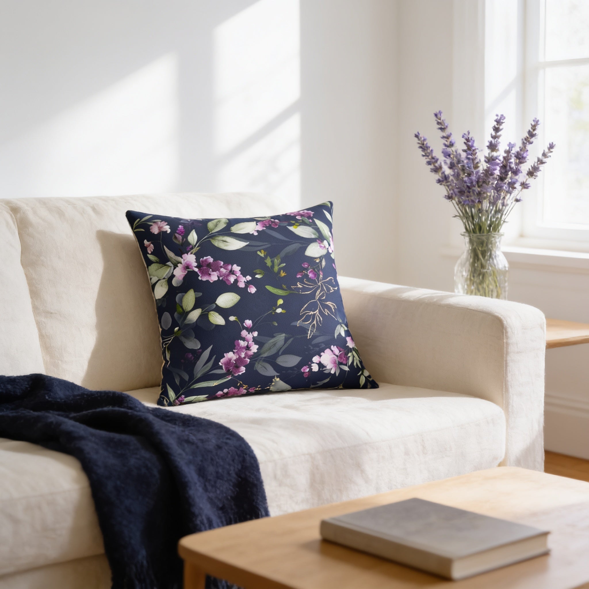a cozy living room with a white sofa adorned with a blue floral throw pillow, a wooden coffee table, and a vase of purple flowers on the windowsill.