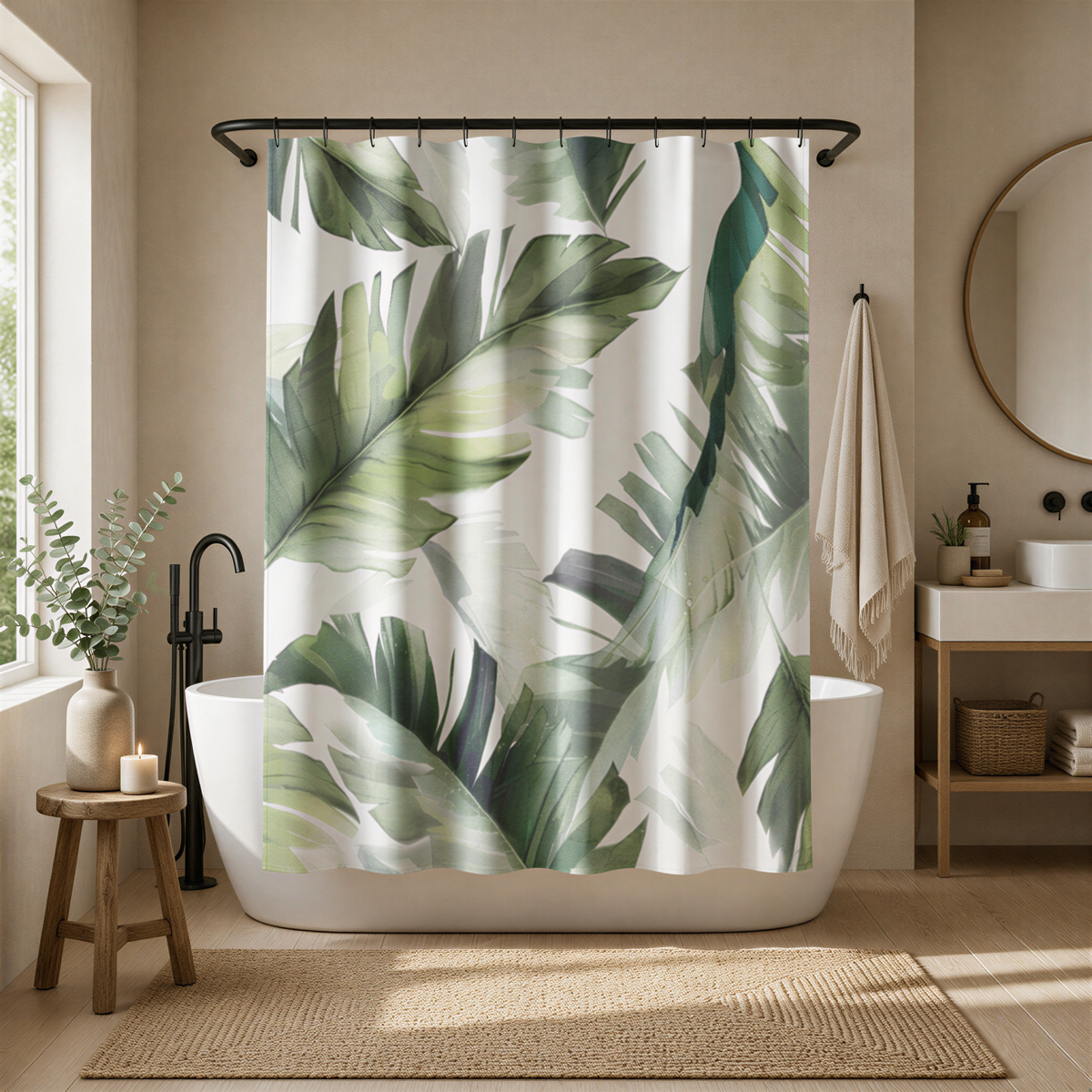 a bathroom with a large shower curtain featuring a tropical leaf pattern in shades of green and white. The bathroom has a white bathtub, a round mirror, and a wooden stool.