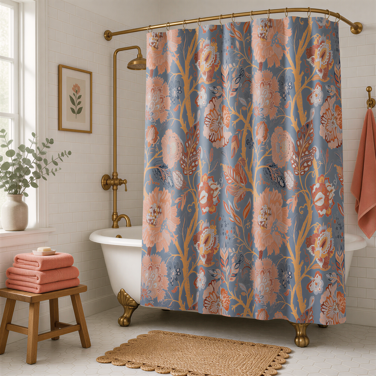 a bathroom with a white claw-foot bathtub, a shower curtain with a floral pattern in shades of blue and orange, and a wooden stool. The bathroom also features a window, a towel rack, and a rug on the floor.