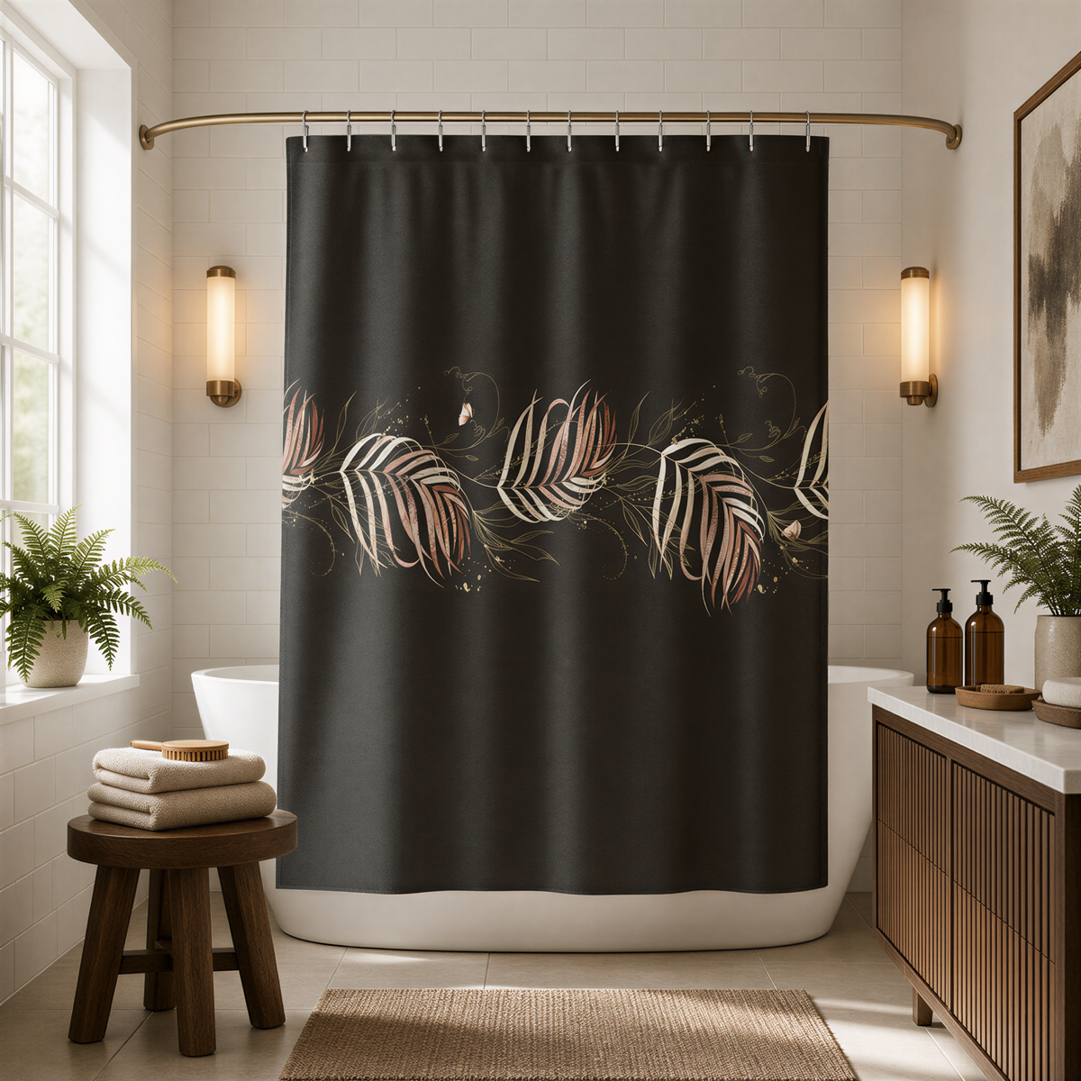 a modern bathroom with a black shower curtain featuring a repeating pattern of pink and white leaves. The bathroom is well-lit, with a white bathtub, a wooden stool, and a potted plant. The overall design and decor create a stylish and inviting atmosphere.