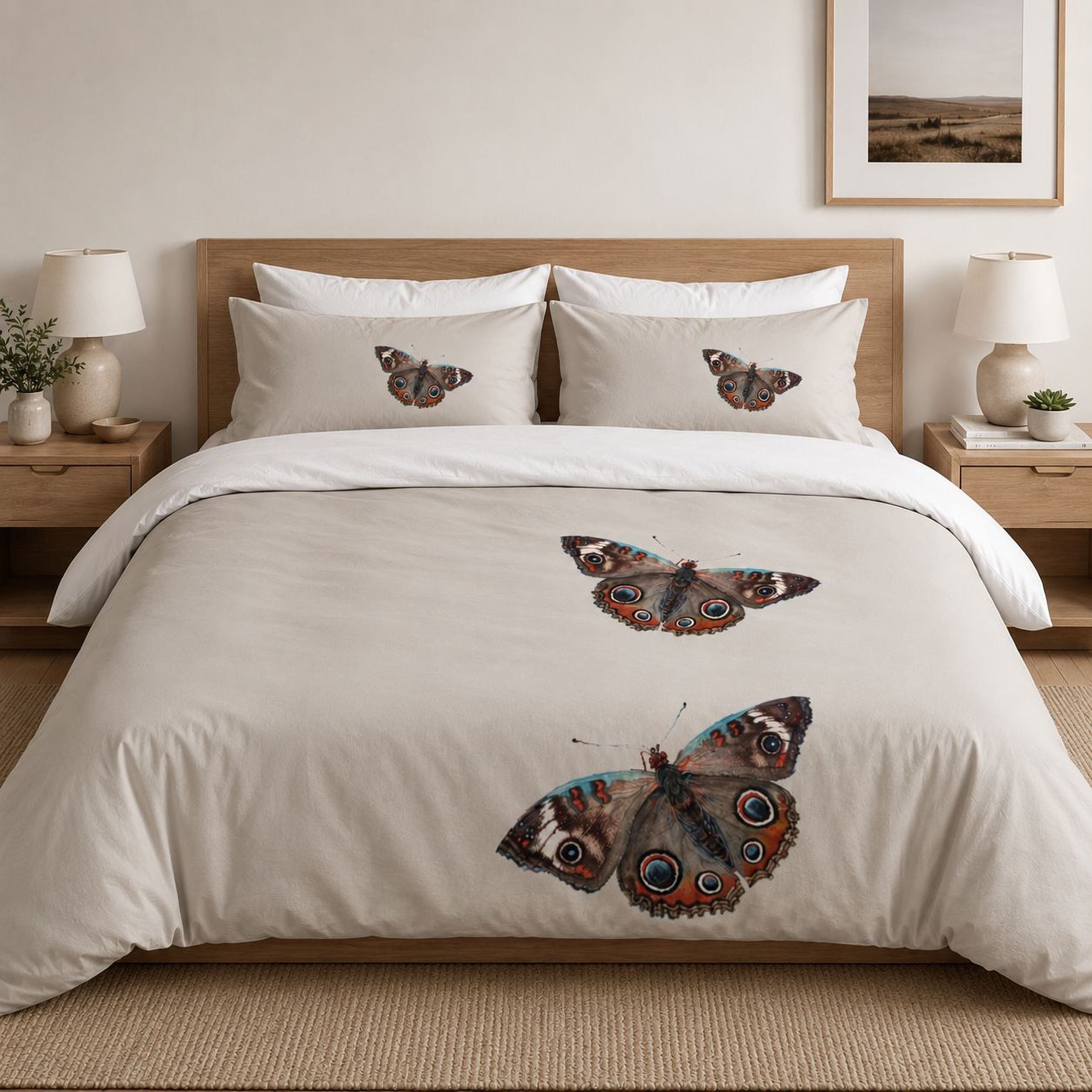 a bedroom with a bed featuring a comforter and pillows decorated with a butterfly design. The bed is set against a wall with a framed picture above it.