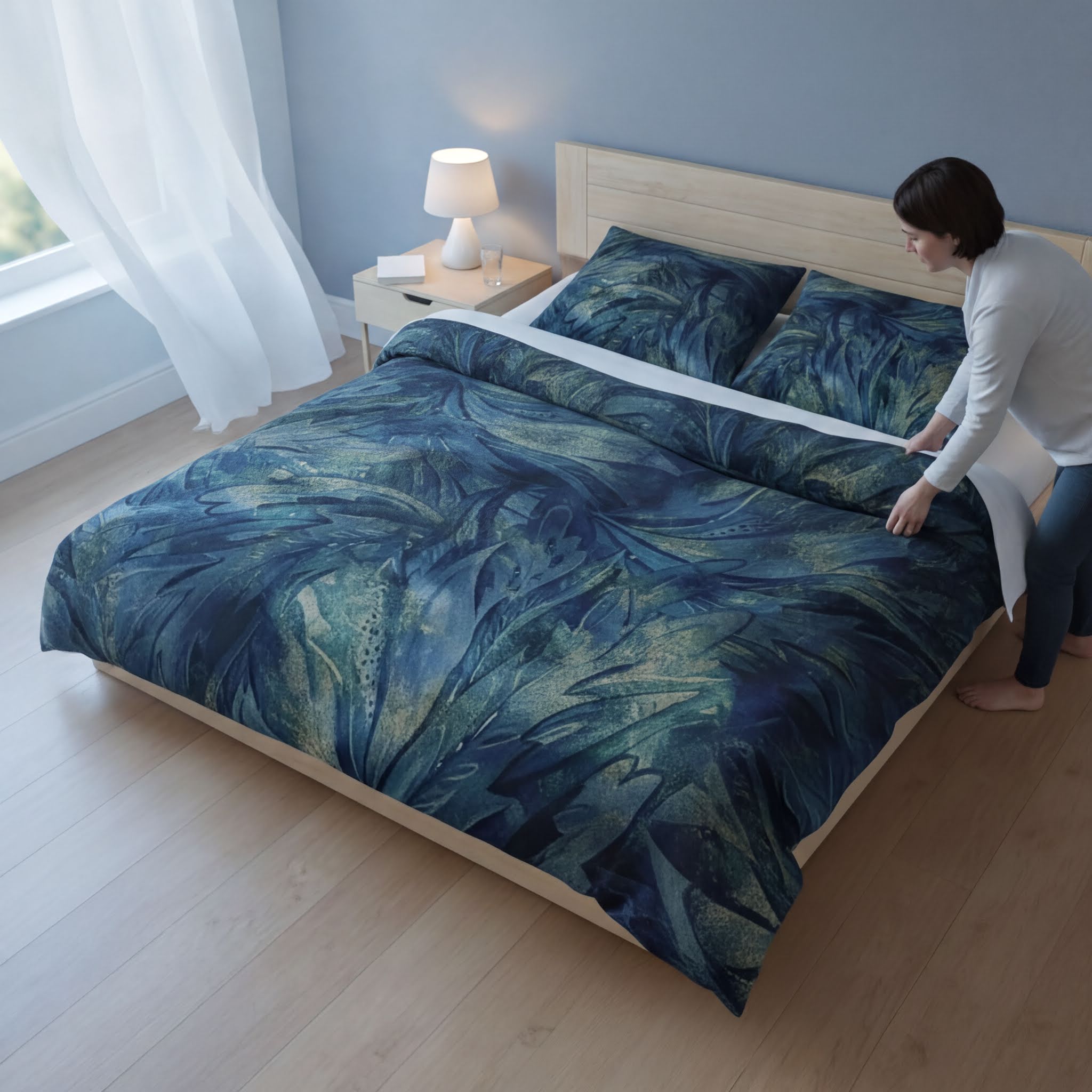 A woman is arranging a blue and green patterned bedspread on a bed in a bedroom.