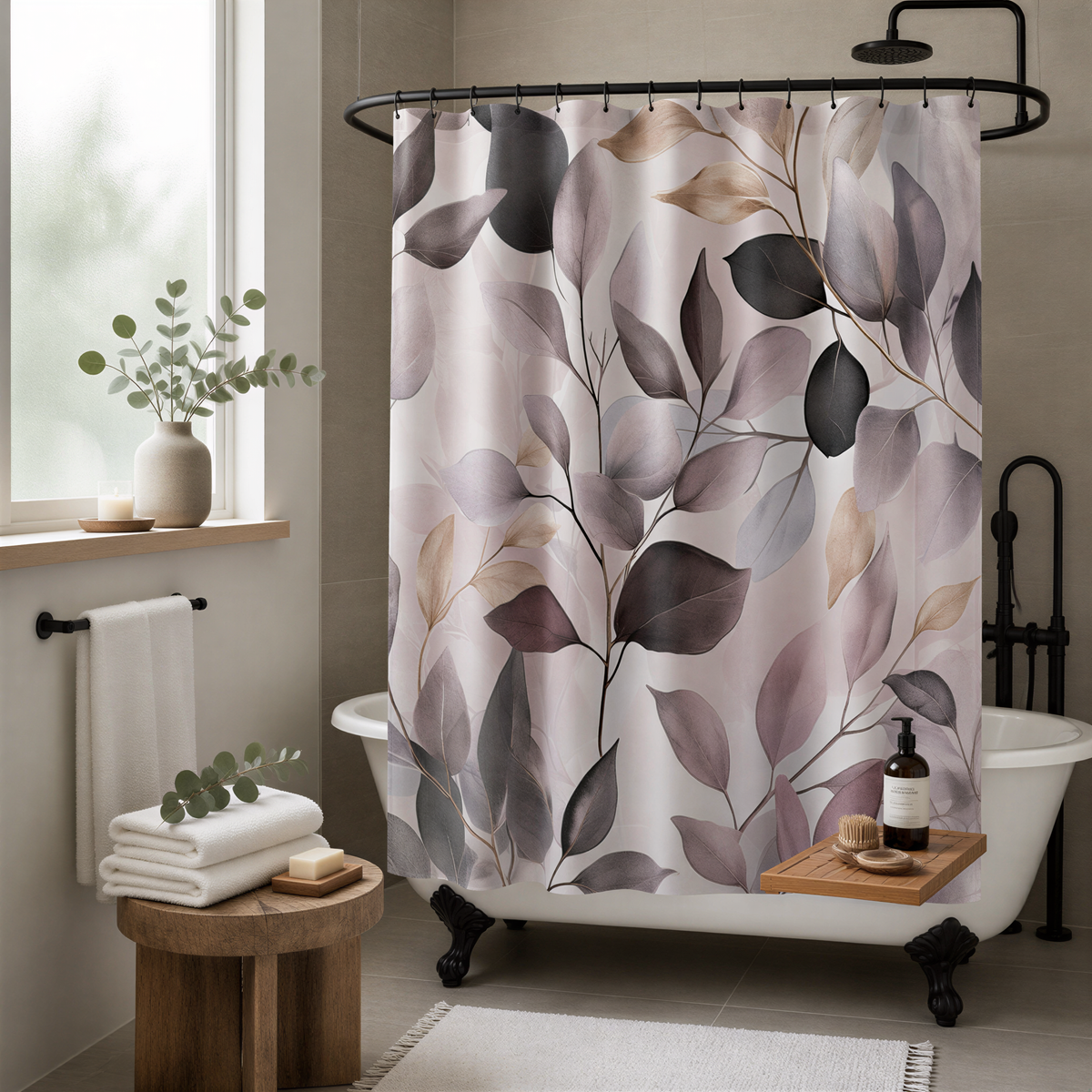 a bathroom with a white bathtub, a wooden stool, and a shower curtain with a leaf pattern. The bathroom has a minimalist and modern design, with a vase of greenery and a bottle of soap on the stool.