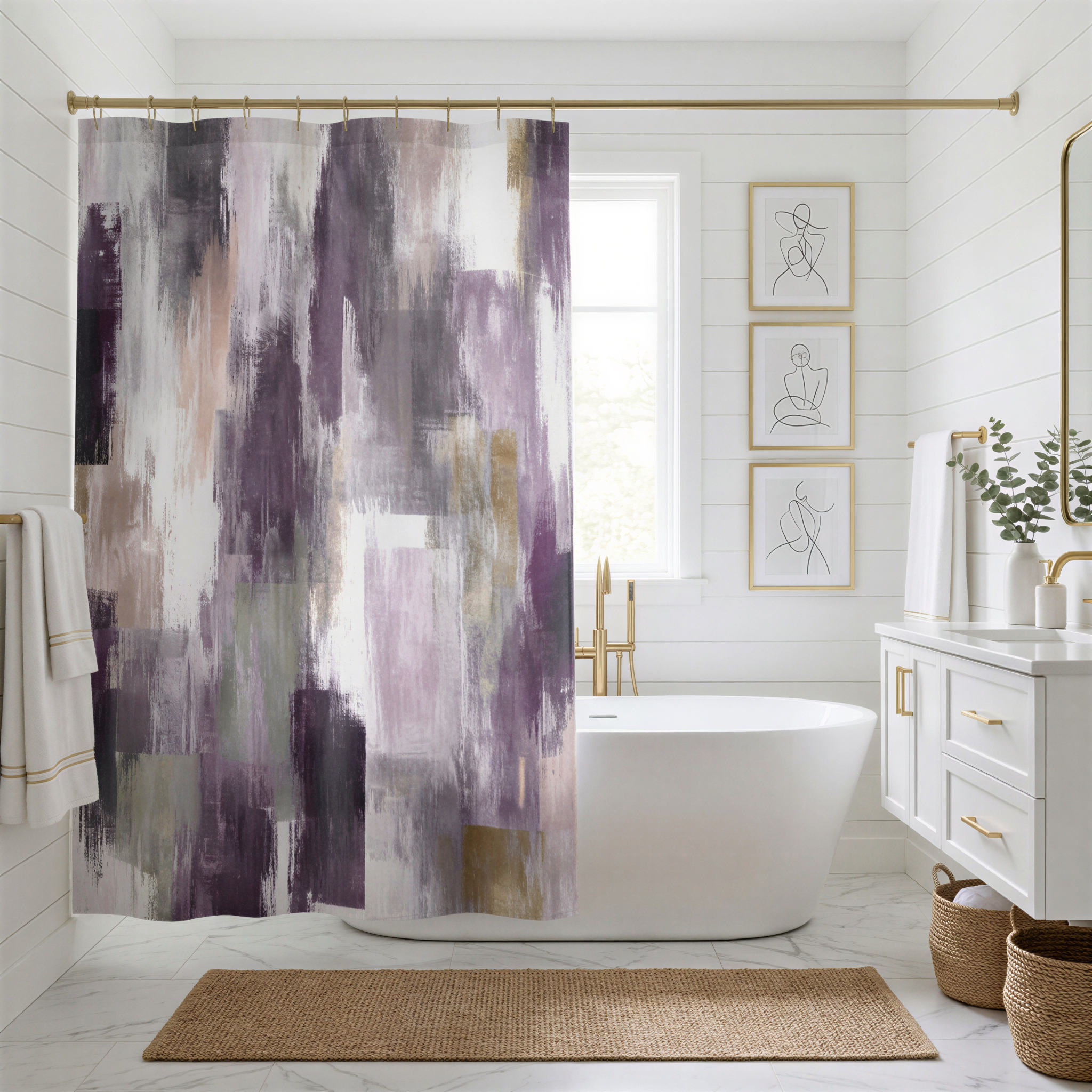 a modern bathroom with a white bathtub, a shower curtain with a purple abstract design, and a white vanity with a mirror. The bathroom has white walls and a white tile floor, and there are some plants and artwork on the walls.