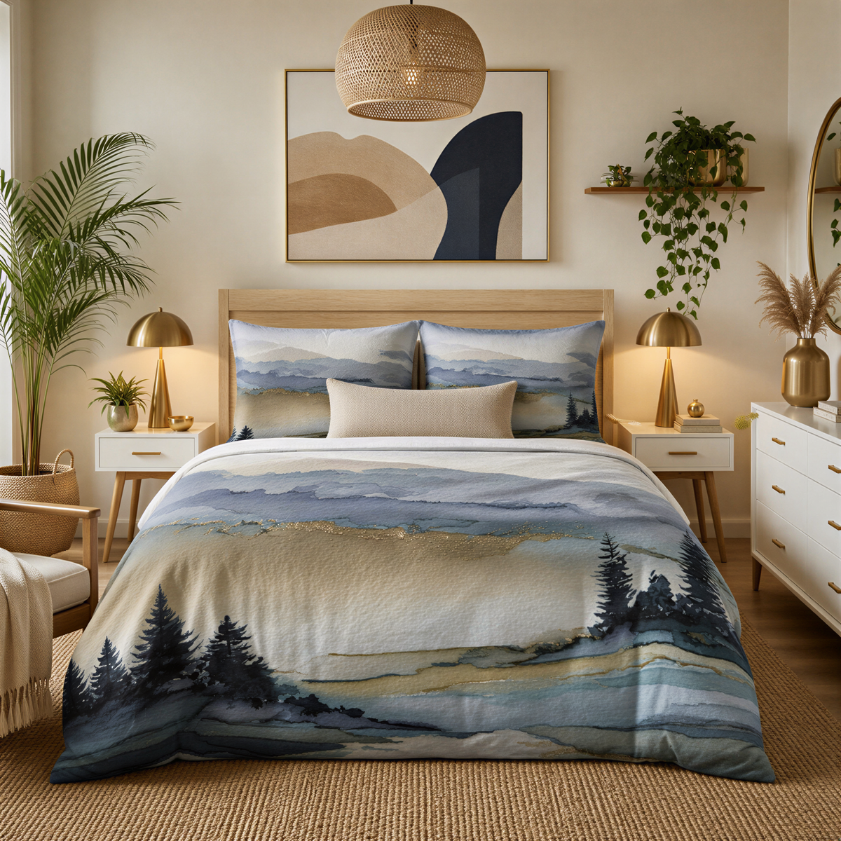 a serene and cozy bedroom with a large bed adorned with a blue and white landscape-themed duvet cover. The room is decorated with various plants, including a potted palm tree, and a painting of a mountain landscape. The overall atmosphere of the room is calm and inviting, with a harmonious blend of natural elements and modern furnishings.