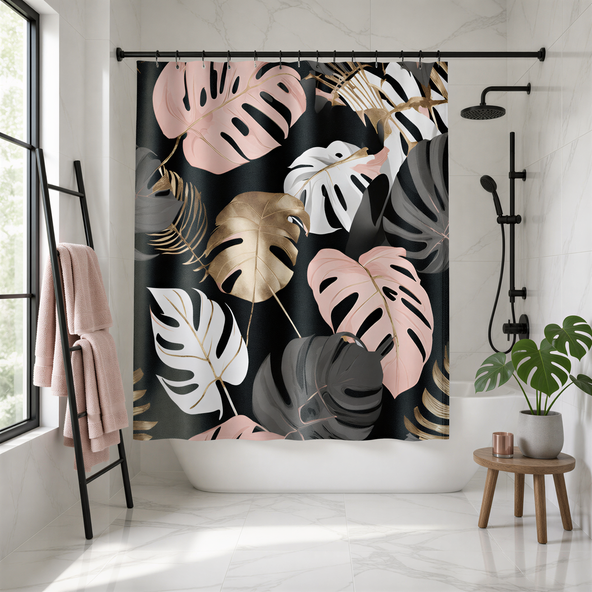 a bathroom with a shower curtain adorned with a tropical leaf pattern in shades of pink, black, and gold. The shower curtain is hanging from a rod, and there is a potted plant placed on a small table nearby.