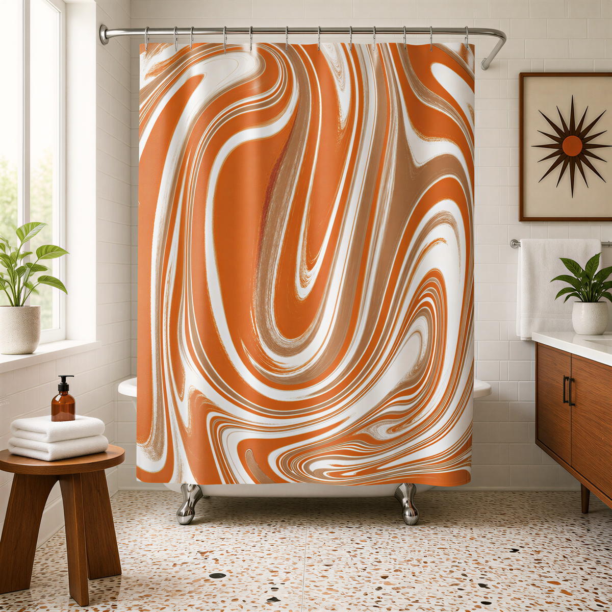 a bathroom with a large orange and white shower curtain with a swirling pattern, a wooden stool, a white sink, and a framed picture on the wall.