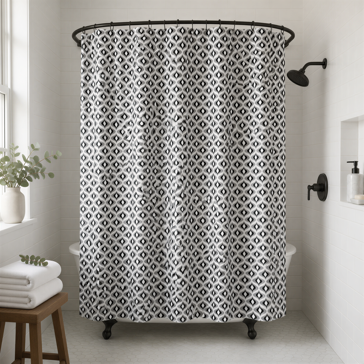 a bathroom with a shower curtain featuring a black and white diamond pattern. The shower is equipped with a black shower head and a white bathtub. A wooden stool is placed next to the shower, and a potted plant is visible in the background.