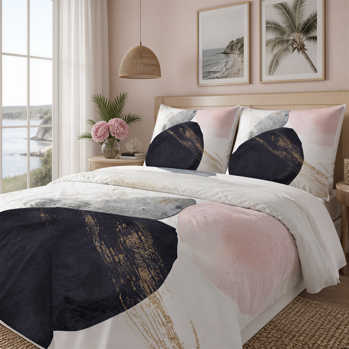 a bedroom with a large bed, featuring a colorful and abstract patterned comforter and pillows. The room has a coastal view, with a window overlooking the ocean. The decor includes a potted plant, a vase of flowers, and framed pictures on the wall.